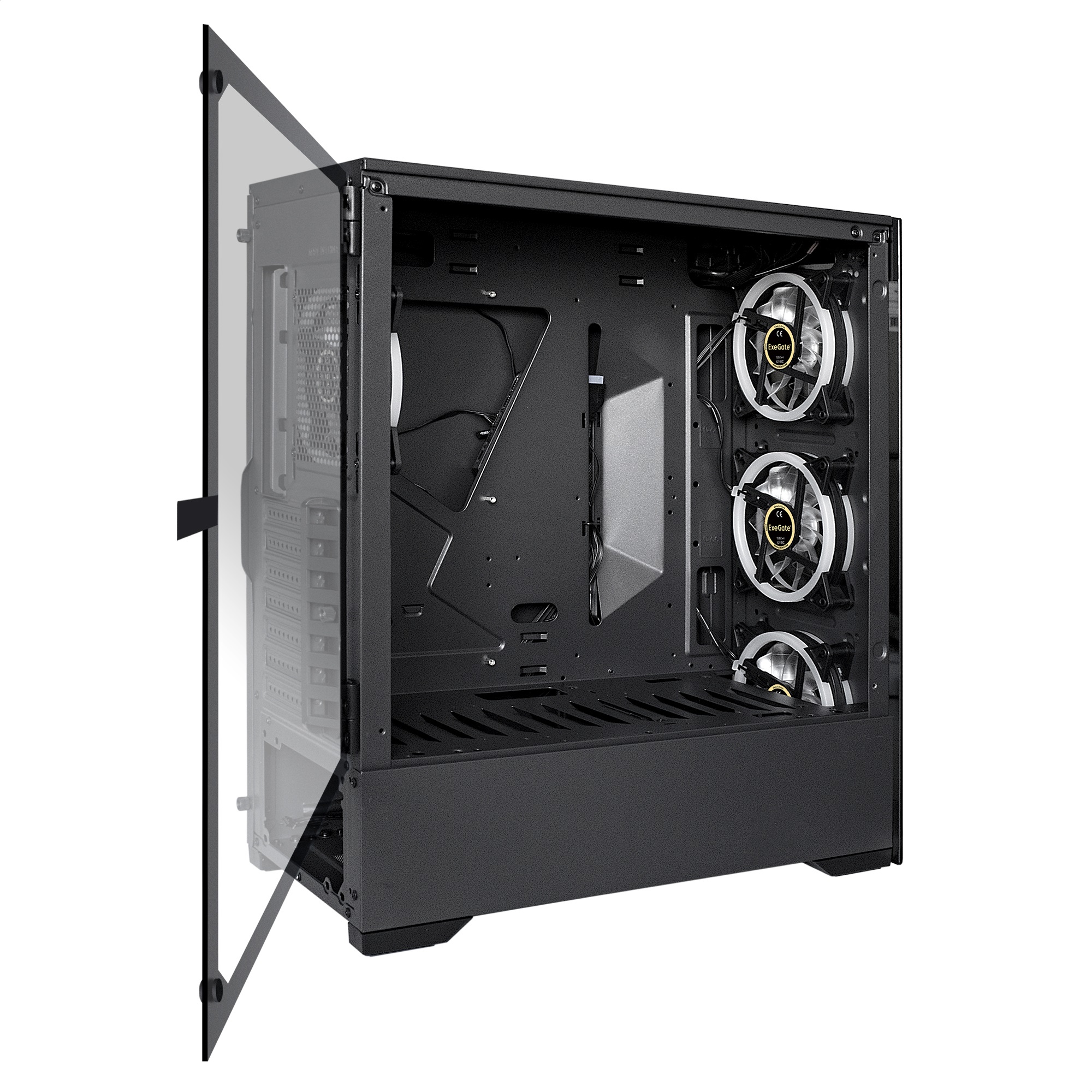 Корпус Miditower ExeGate i3 MAX (eATX, без БП, 2*USB+1*USB3.0, HD аудио, черный, 4 вент. 12см с RGB подсветкой, контроллер + ПДУ, ARGB MB кабель, пылевые фильтры, передняя и боковая панели - закаленное стекло)