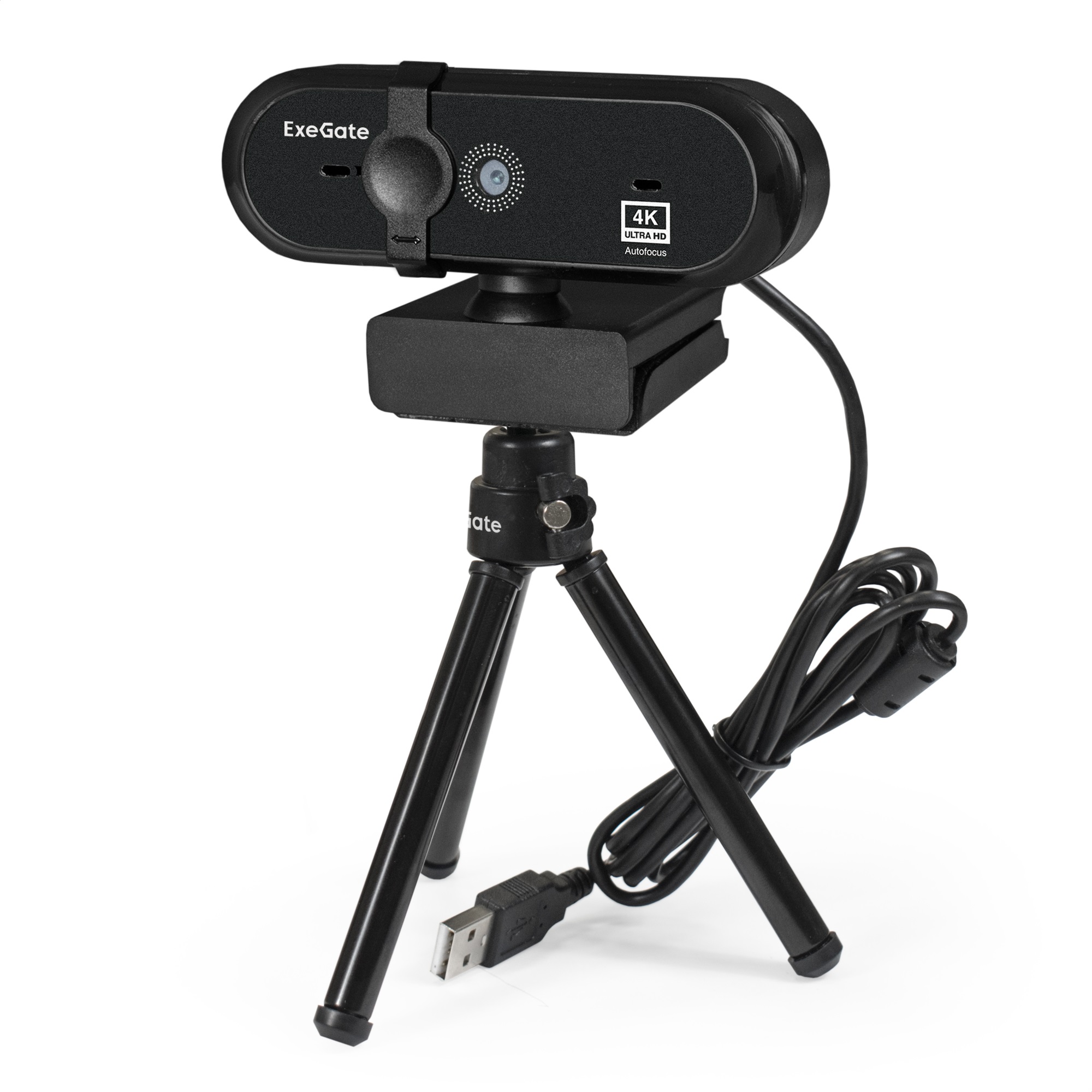 Веб-камера ExeGate Stream HD 4K UHD T-Tripod (матрица 1/3" 8 Мп, 3840x2160, 32fps, 4-линзовый объектив (стекло), автофокус, шторка, USB, стерео микрофон с шумоподавлением, универсальное крепление, телескопический штатив Tripod Tele Ball, кабель 1,5 м, Win