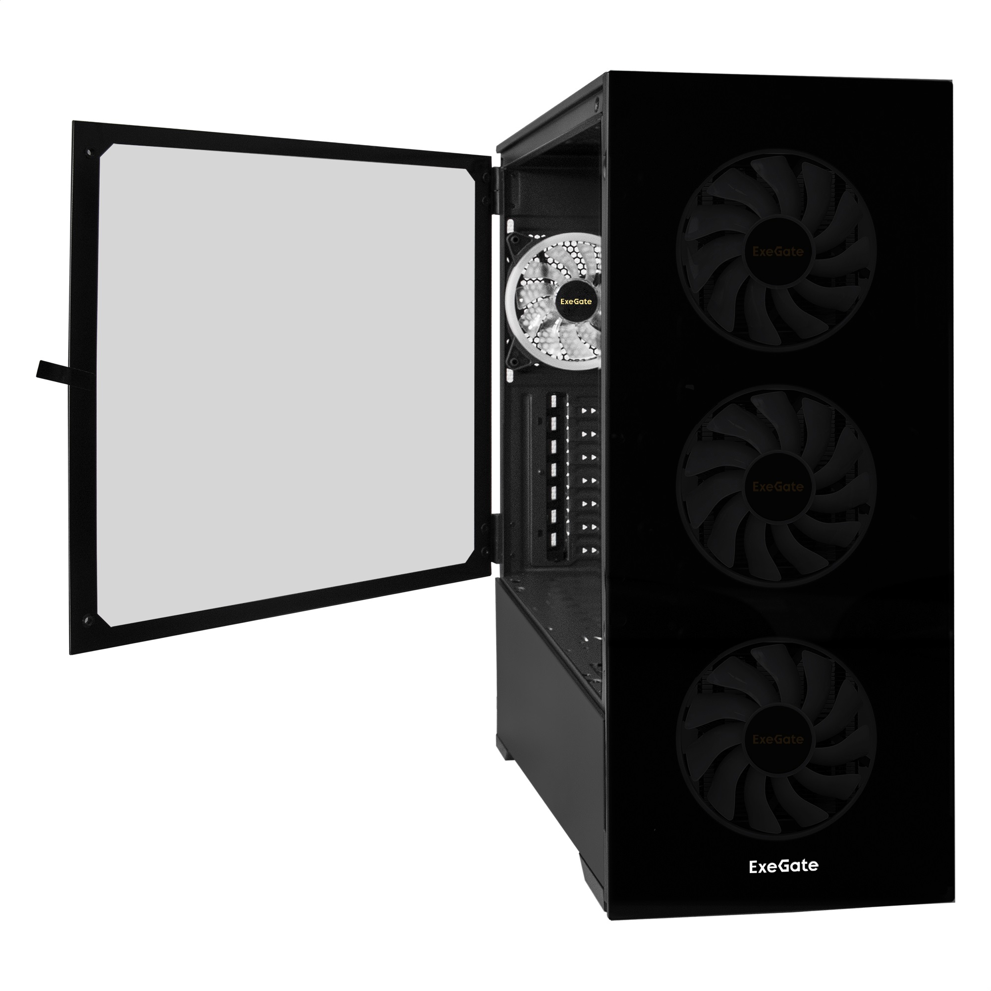 Корпус Miditower ExeGate i3 MAX (eATX, без БП, 2*USB+1*USB3.0, HD аудио, черный, 4 вент. 12см с RGB подсветкой, контроллер + ПДУ, ARGB MB кабель, пылевые фильтры, передняя и боковая панели - закаленное стекло)