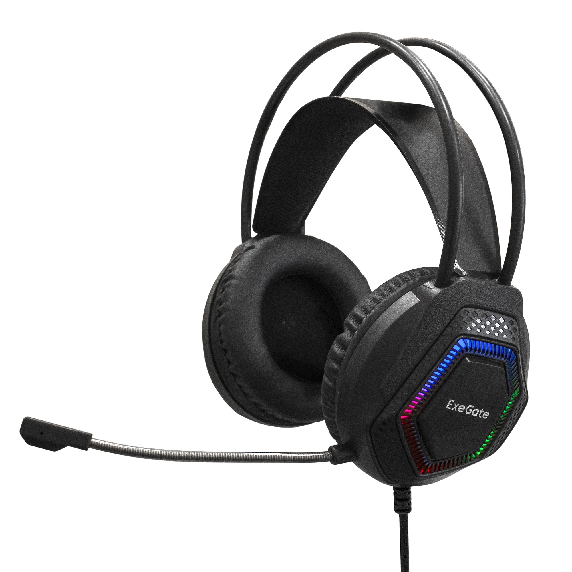 Полноразмерные игровые наушники с микрофоном (гарнитура) ExeGate Cosmos HS-704GL (объемный звук 7.1, длина кабеля 2.5м, динамик 50мм, 20-20000Гц, RGB подсветка, USB интерфейс, регулировка громкости, Color Box)