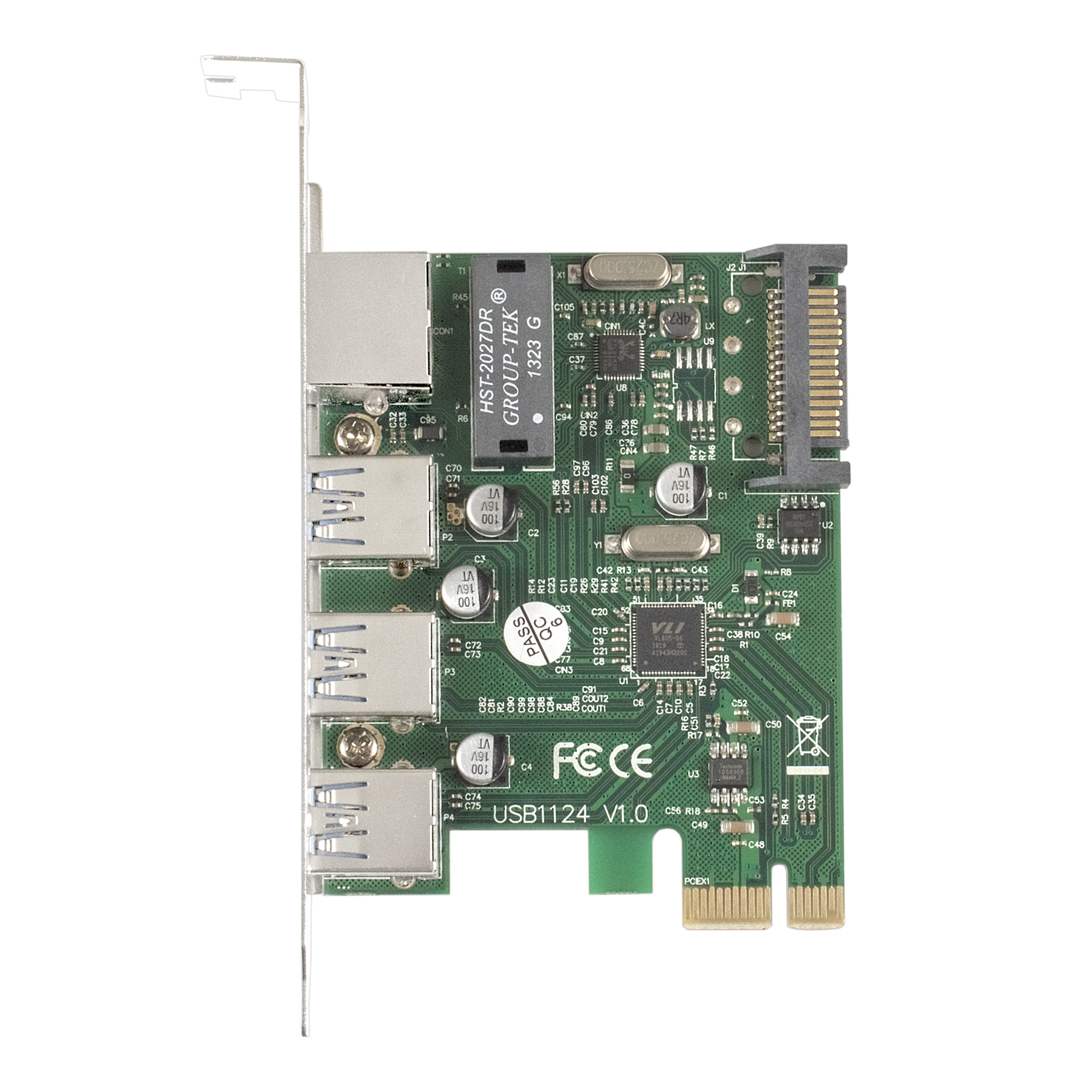 Контроллер сетевой ExeGate EXE-361 (PCI-E x1 v2.0, 3*USB3.0 ext. + LAN UTP 1000Mbps, разъем доп.питания, Chipset VL805 + RTL8153B)