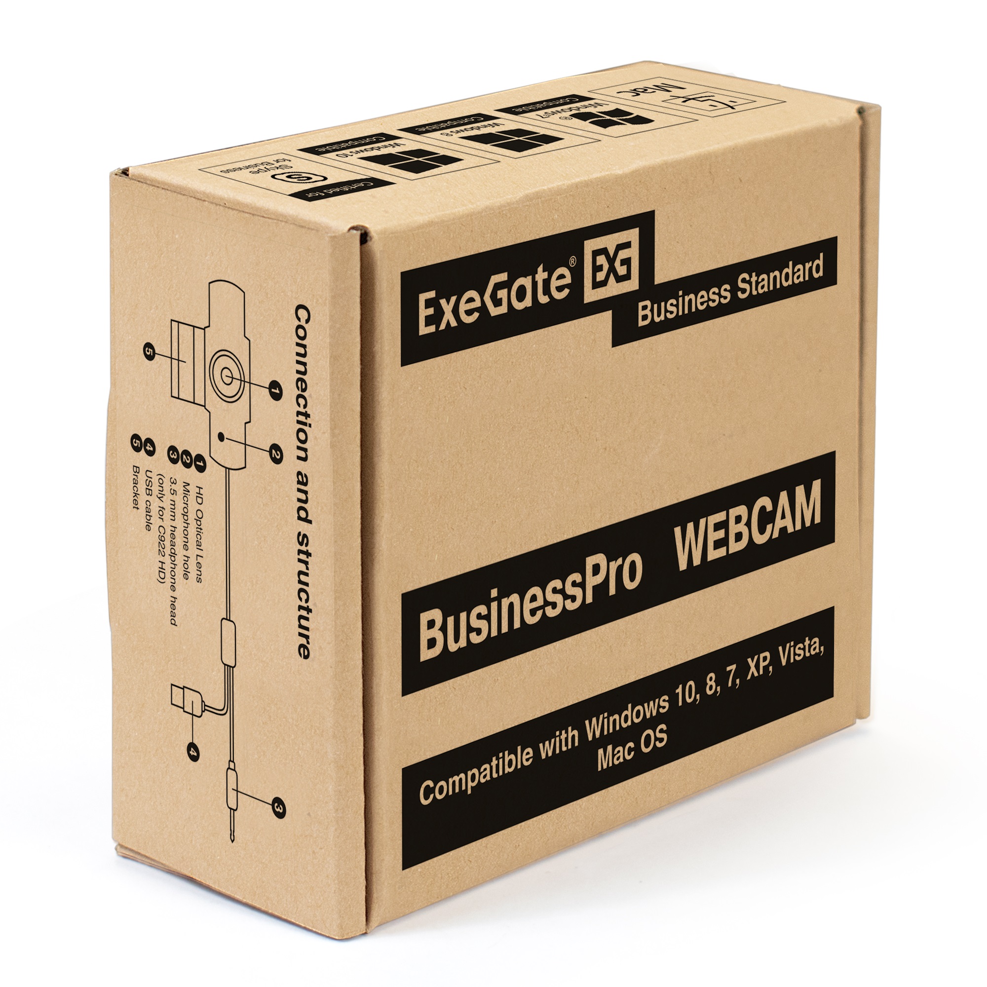 Веб-камера ExeGate BusinessPro C922 HD (матрица 1/3" 1,3 Мп, 1280х720, 720P, 30fps, 4-линзовый объектив, USB, ручной фокус, микрофон с шумоподавлением, универсальное крепление, отверстие под штатив, кабель 1,5 м, Windows® 7/8/10/11, Mac OS 10.6 и выше, Ch