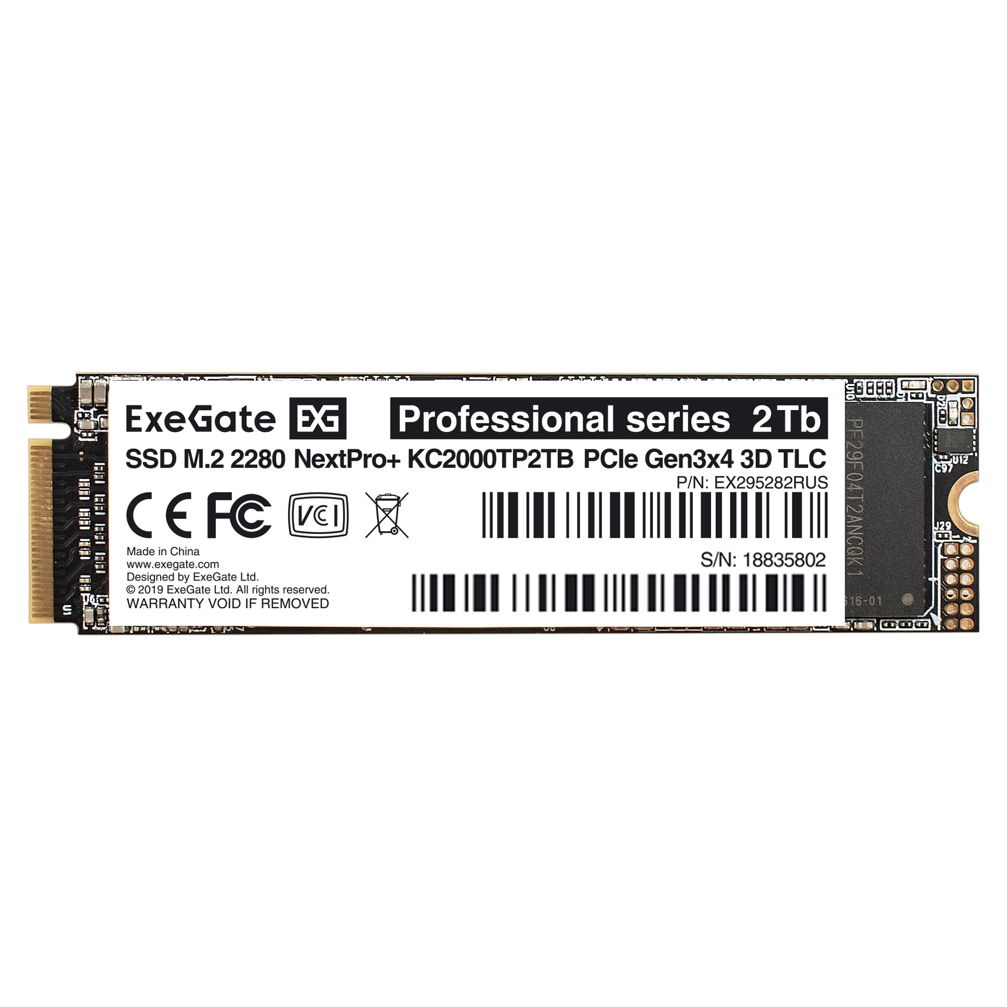 Накопитель SSD M.2 2280 2Tb ExeGate NextPro+ KC2000TP2TB (PCIe Gen3x4, NVMe, 22x80mm, 3D TLC)