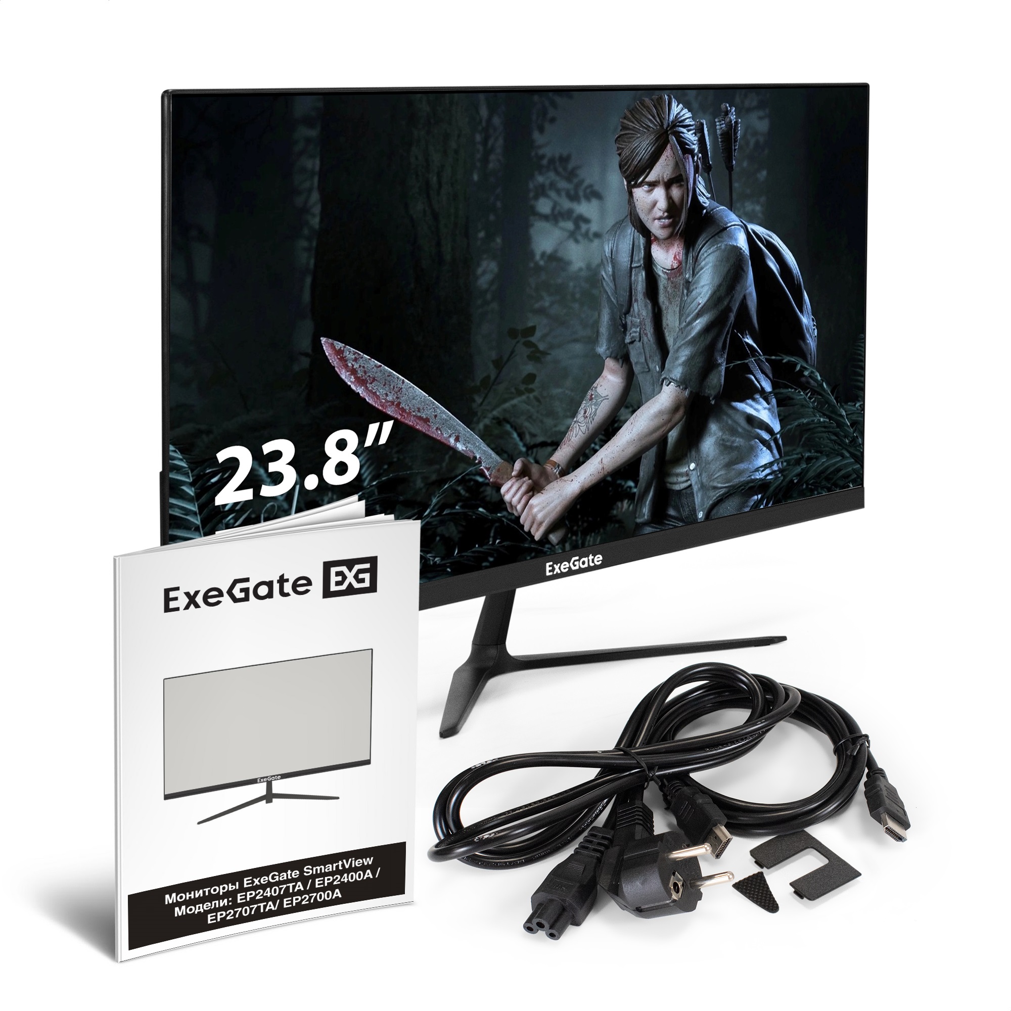 Монитор безрамочный с внутренним БП и аудио выходом 23.8" ExeGate SmartView EP2400A (IPS LED Grade A+, FHD, 1920x1080@75Гц, 16:9, 250cd/m2, 1000:1, 178°/178°, 5ms, D-Sub, HDMI, Audio-out, встроенный БП, FreeSync, Flicker-free, Low Blue Light, кабель HDMI 