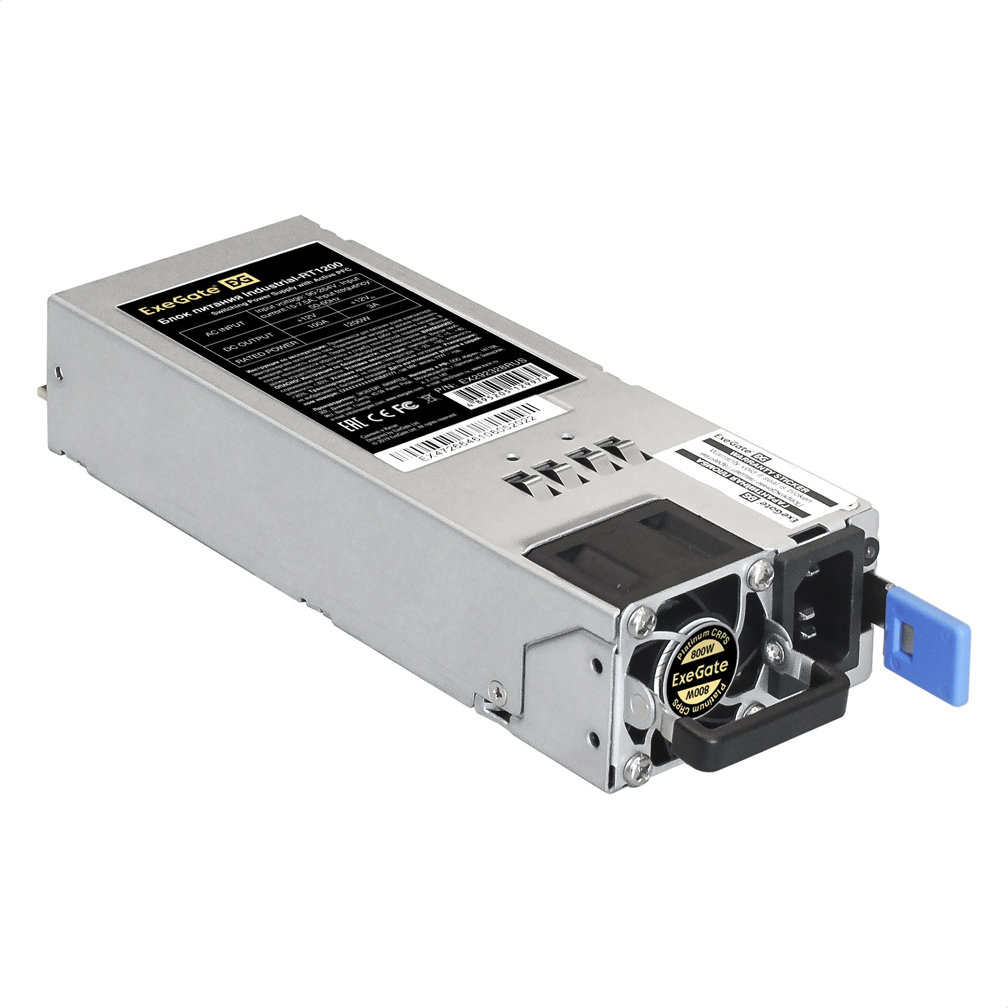 Серверный БП с резервированием 2U Redundant 2x800W ExeGate Industrial-RTS800 (APFC, КПД 94% (80 PLUS Platinum), 4 cm fan, 24pin, 2x(4+4)pin, 2PCIe, 2SATA, 6IDE, Cable Management)