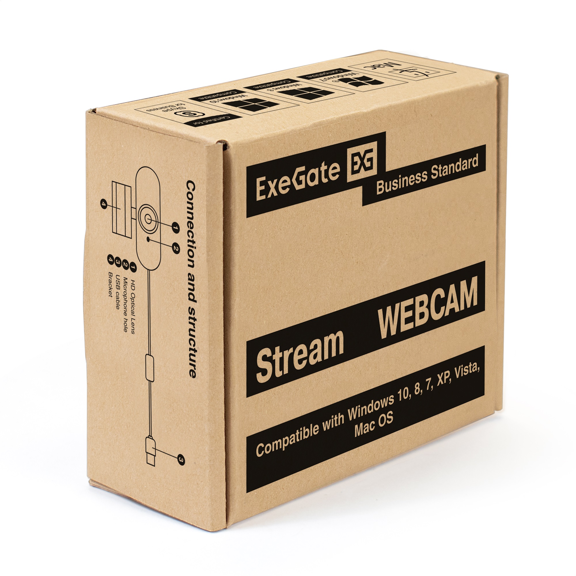 Веб-камера ExeGate Stream HD 4K UHD T-Tripod (матрица 1/3" 8 Мп, 3840x2160, 32fps, 4-линзовый объектив (стекло), автофокус, шторка, USB, стерео микрофон с шумоподавлением, универсальное крепление, телескопический штатив Tripod Tele Ball, кабель 1,5 м, Win