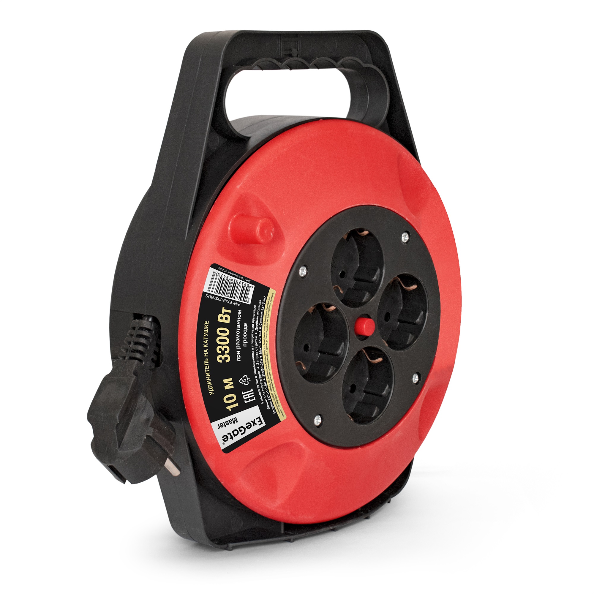 Удлинитель на катушке ExeGate Master ECS-1-1.5B (4 евророзетки с заземлением, 10м, защита от детей, защита от перегрузки, 3х1,5мм2, 15А/3.3кВт, Color Box)