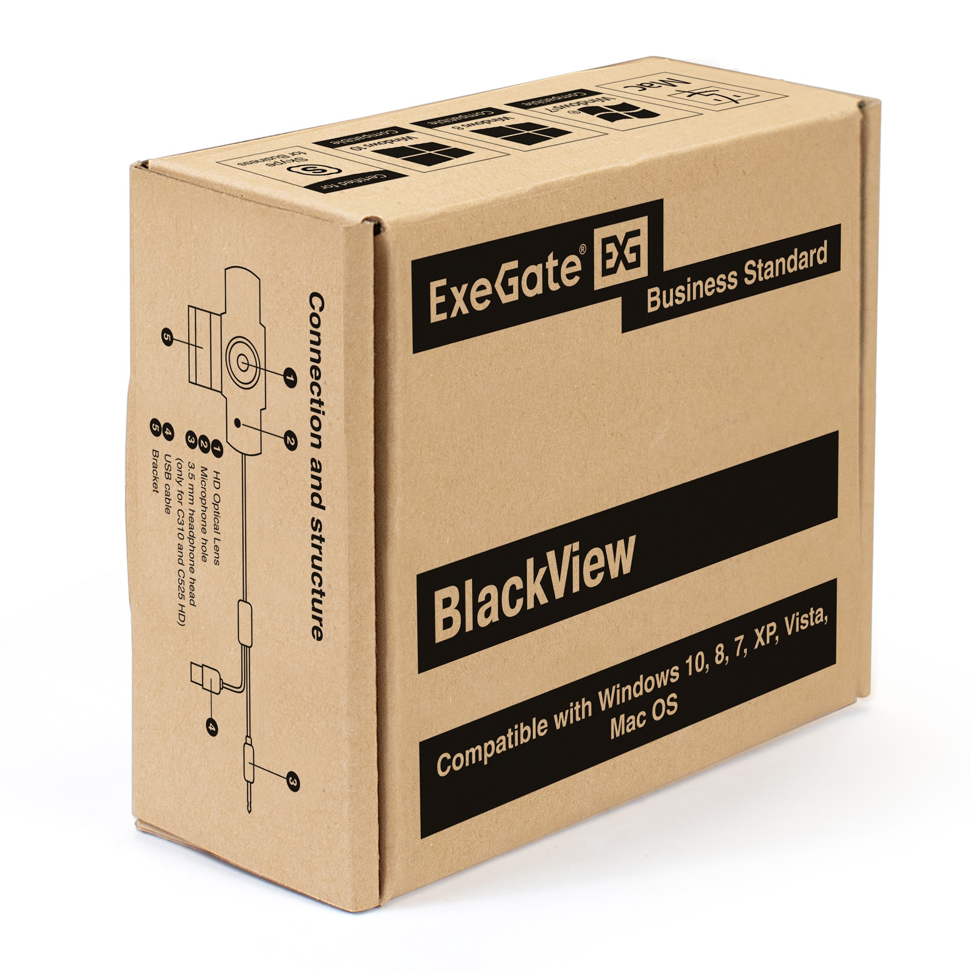 Веб-камера ExeGate BlackView C525 HD (матрица 1/3" 1,3 Мп, 1280х720, 720P, 30fps, 4-линзовый объектив, шторка, USB, фиксированный фокус, микрофон с шумоподавлением, универсальное крепление, отверстие под штатив, кабель 1,5 м, Windows® 7/8/10/11, Mac OS 10