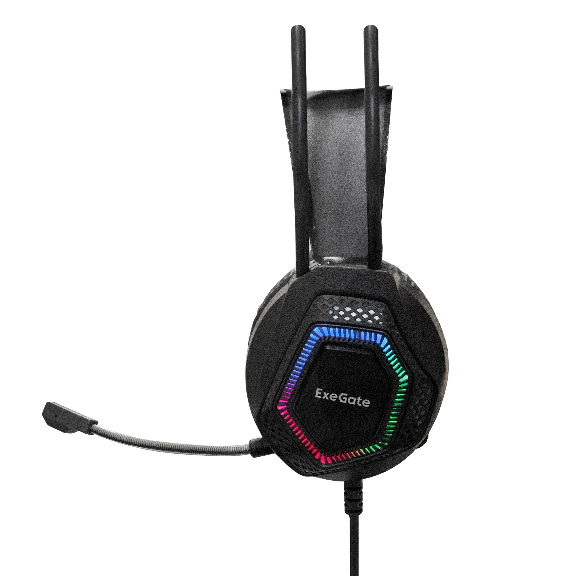 Полноразмерные игровые наушники с микрофоном (гарнитура) ExeGate Cosmos HS-704GL (объемный звук 7.1, длина кабеля 2.5м, динамик 50мм, 20-20000Гц, RGB подсветка, USB интерфейс, регулировка громкости, Color Box)
