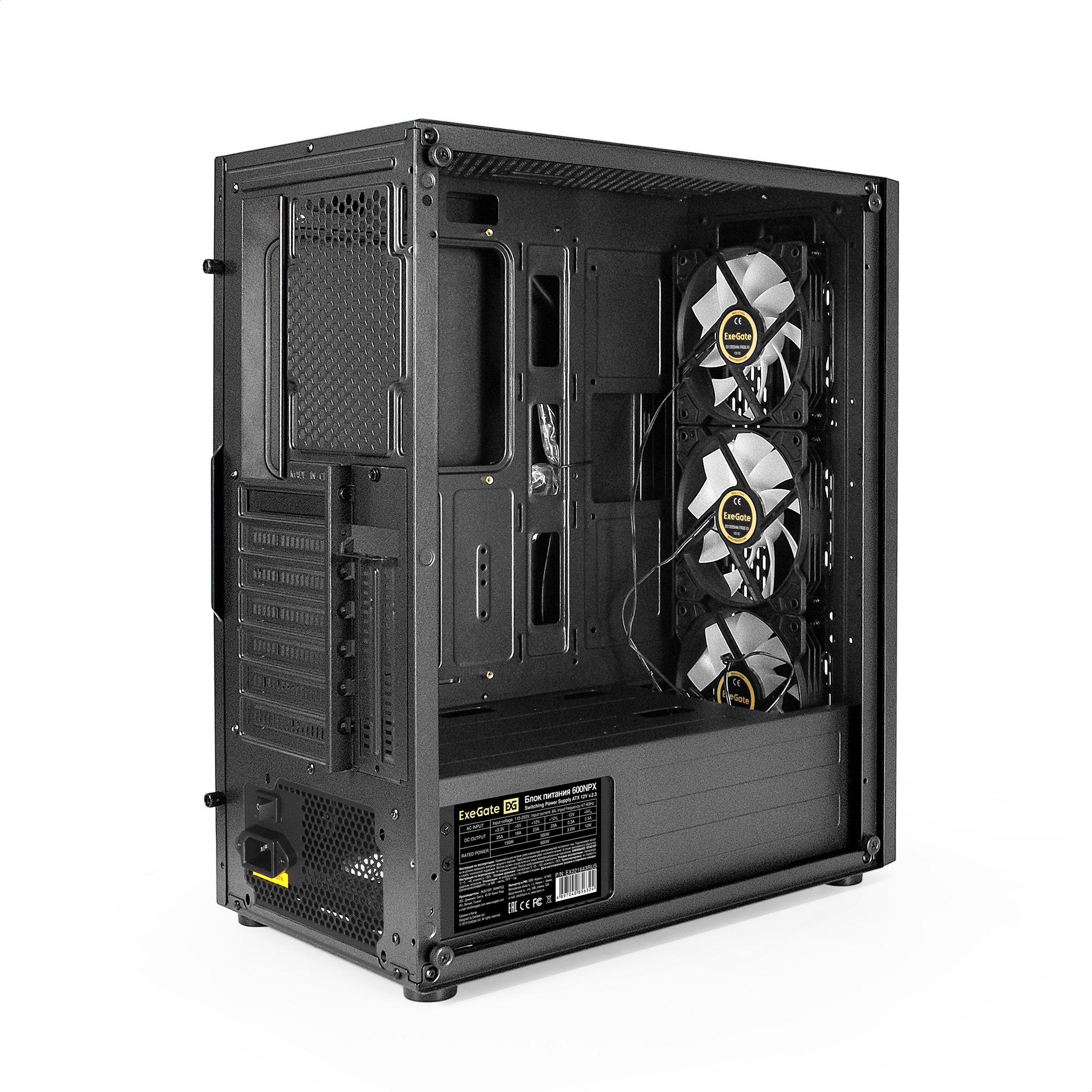 Корпус Miditower ExeGate EVO-9205-NPX600 (ATX, БП 600NPX с вент. 12 см, с окном, 1*USB+1*USB3.0, аудио, черный, 3 вент. 12см с RGB подсветкой)