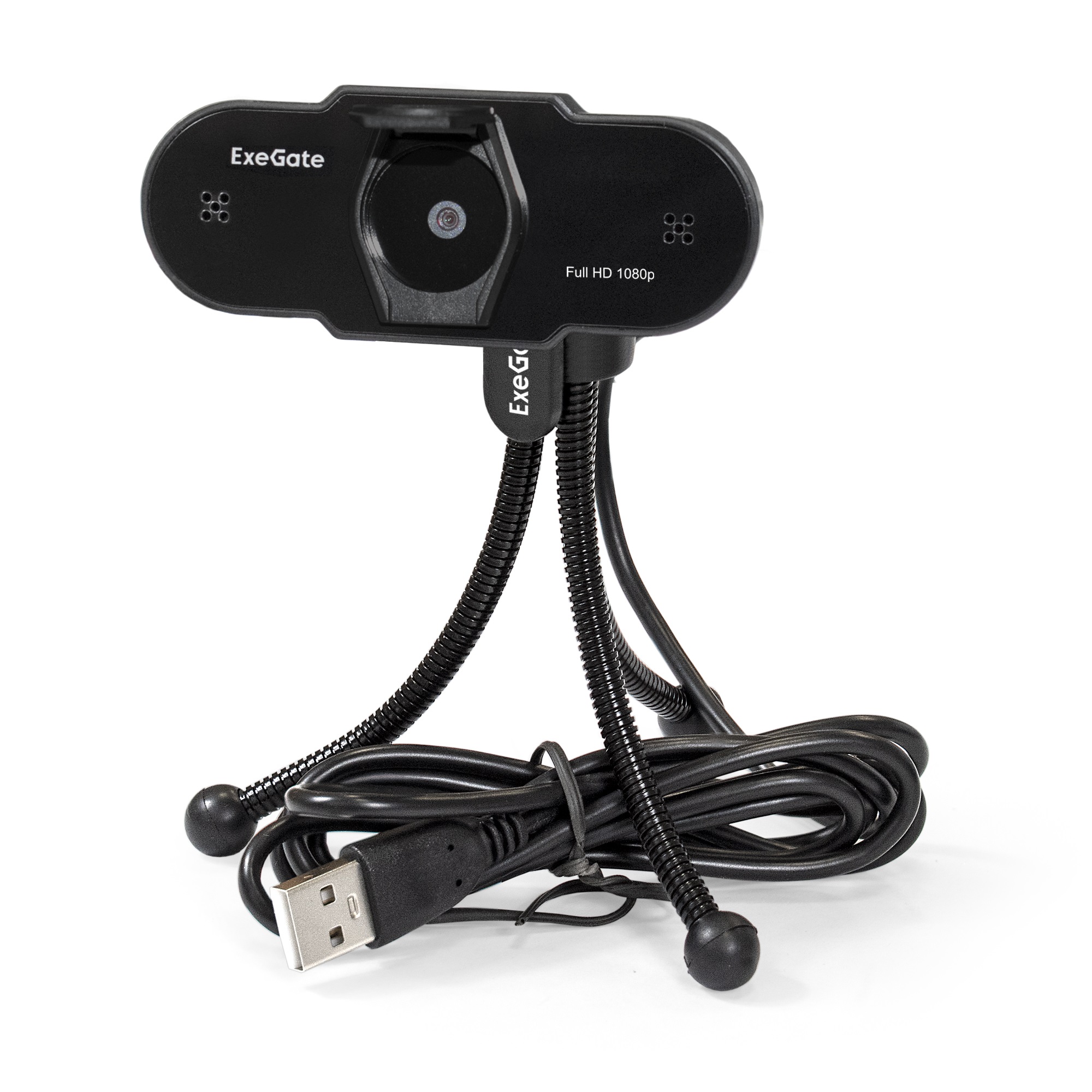 Веб-камера ExeGate BlackView C615 Full HD Tripod (матрица 1/3" 2 Мп, 1920х1080, 1080P, 30fps, 4-линзовый объектив, шторка, USB, фиксированный фокус, микрофон с шумоподавлением, универсальное крепление, штатив Flex в комплекте, кабель 1,5 м, Windows® 7/8/1