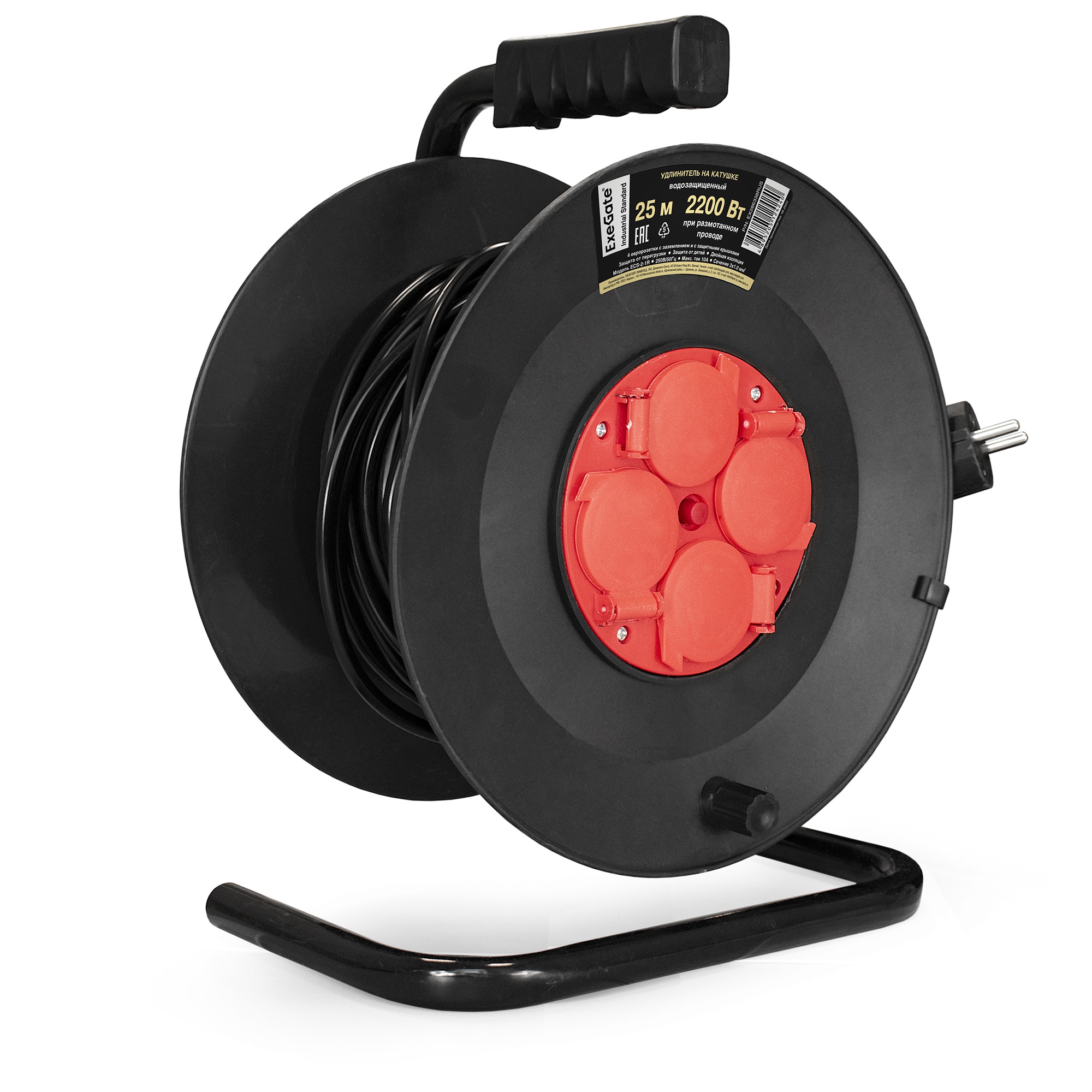 Удлинитель на катушке ExeGate industrial ECS-2-1R (4 евророзетки с заземлением и с защитными крышками, IP44, 25м, защита от детей, защита от перегрузки, 3х1,0мм2, 10А/2.2кВт, Color Box)