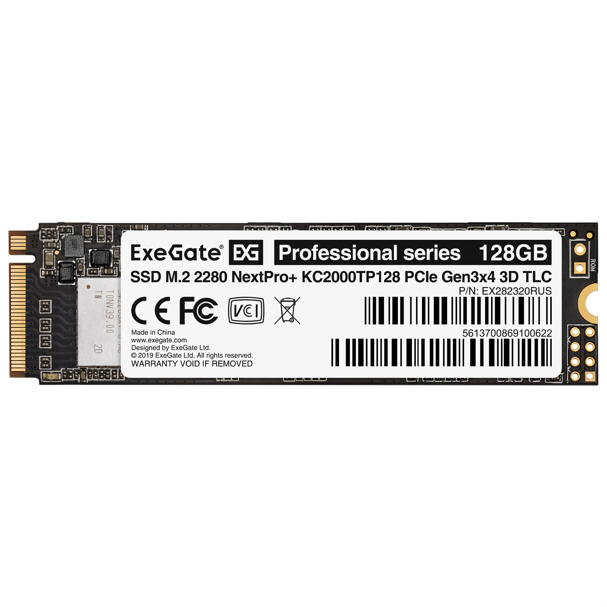 Накопитель SSD M.2 2280 128GB ExeGate NextPro+ KC2000TP128 (PCIe Gen3x4, NVMe, 22x80mm, 3D TLC)