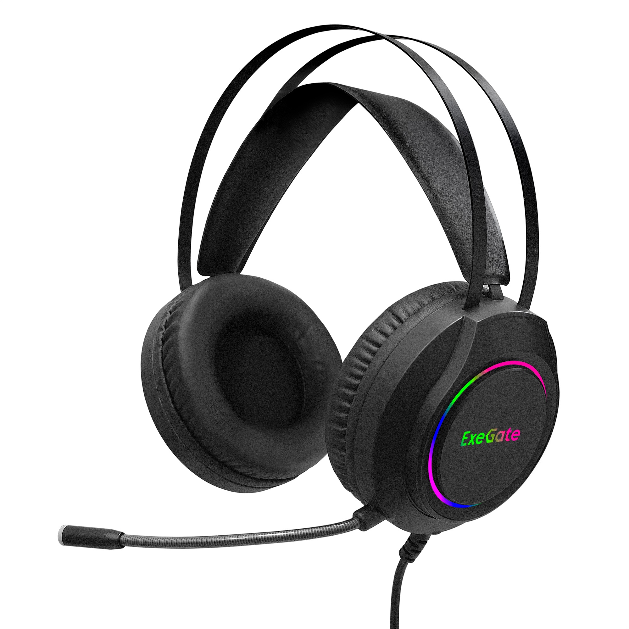 Полноразмерные игровые наушники с микрофоном (гарнитура) ExeGate Cosmos HS-702GL (объемный звук 7.1, длина кабеля 2.5м, динамик 50мм, 20-20000Гц, RGB подсветка, USB интерфейс, регулировка громкости, Color Box)