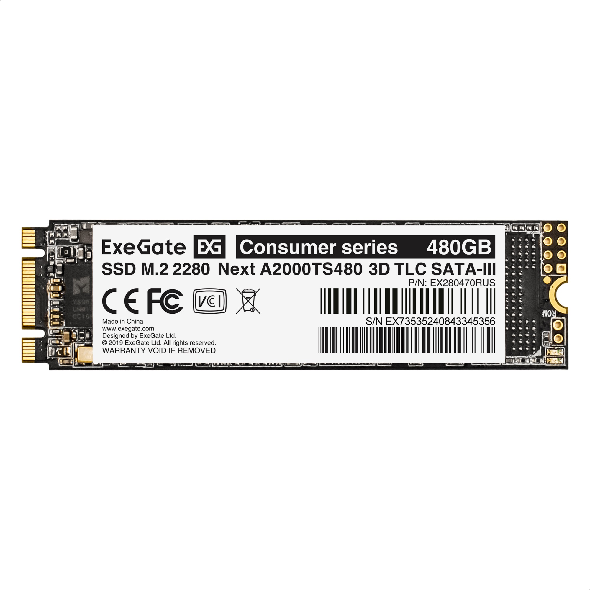 Накопитель SSD M.2 2280 480GB ExeGate Next A2000TS480 (SATA-III, 22x80mm, 3D TLC)