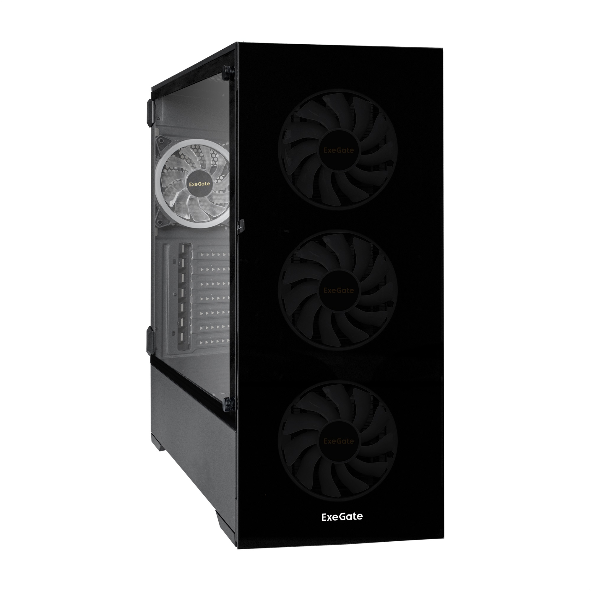 Корпус Miditower ExeGate i3 MAX (eATX, без БП, 2*USB+1*USB3.0, HD аудио, черный, 4 вент. 12см с RGB подсветкой, контроллер + ПДУ, ARGB MB кабель, пылевые фильтры, передняя и боковая панели - закаленное стекло)