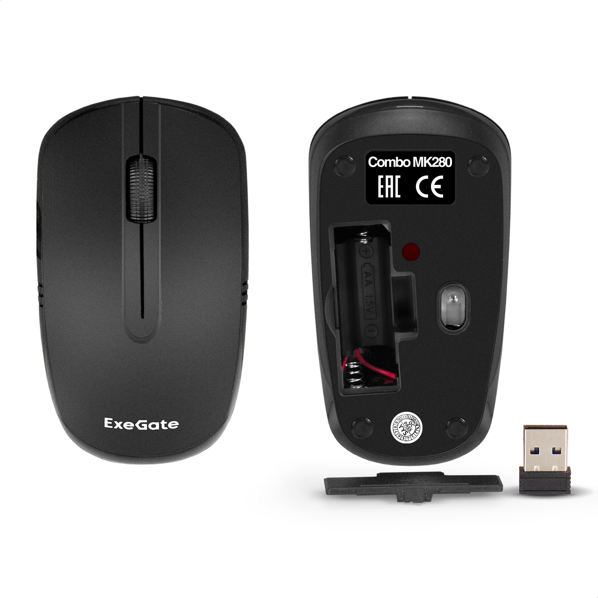 Комплект беспроводной ExeGate Professional Standard Combo MK280 (клавиатура полноразмерная влагозащищенная 104кл. + мышь оптическая 1000dpi, 3 кнопки и колесо прокрутки; USB, радиоканал 2,4 ГГц, радиус действия до 10м, черный, Color Box)