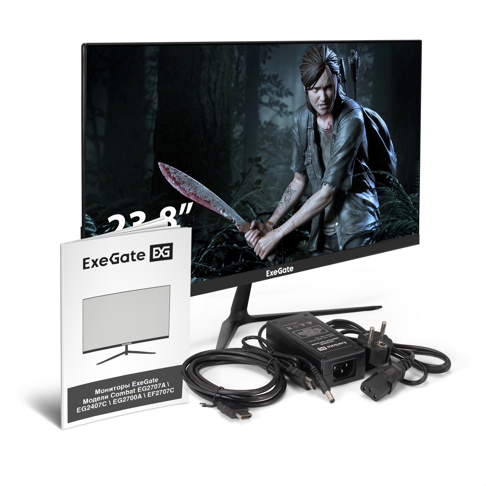 Монитор игровой 165 Гц 23.8" ExeGate Combat EG2407C (IPS LED Grade A+, FHD, 1920x1080@165Гц, 16:9, 300cd/m2, 1000:1, 178°/178°, 1ms, HDMI, DisplayPort, аудио-выход, Flicker-free, FreeSync, Low Blue Light, кабель HDMI 1.5м, VESA, регулировка наклона экрана