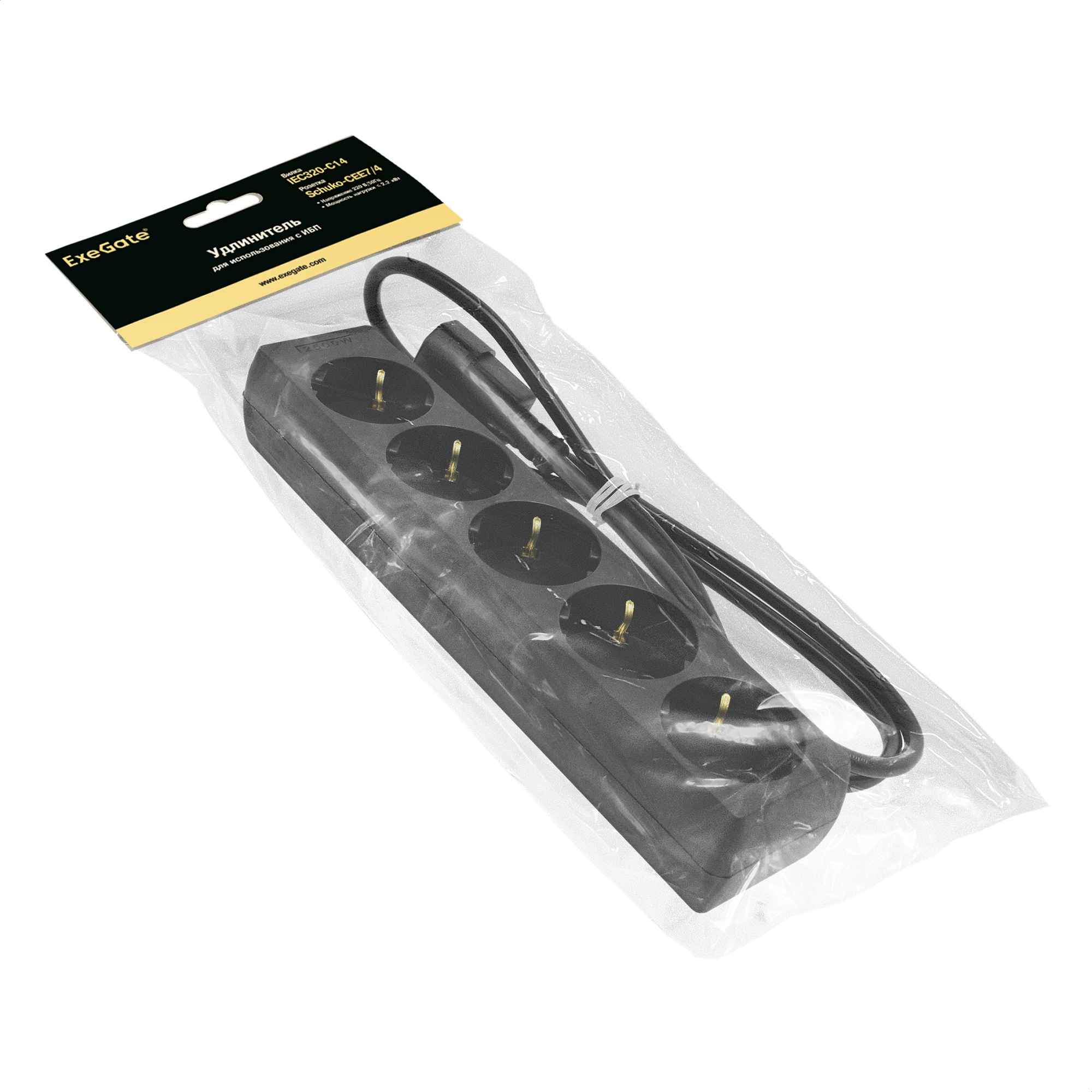 Удлинитель для ИБП ExeGate SPU-5-1.2B (5 евророзеток с заземлением, 1.2м, вилка IEC320-C14 (UPS), черный)