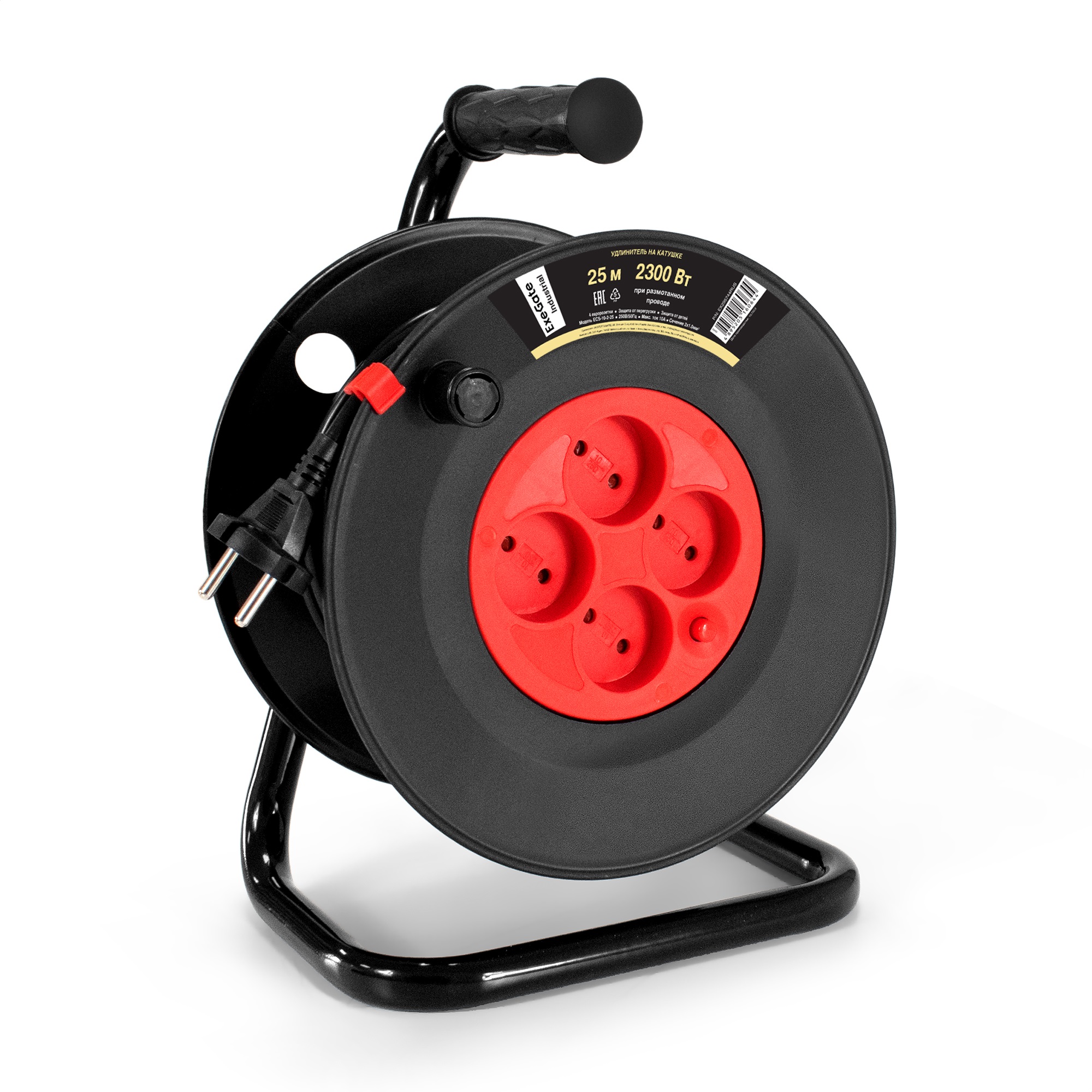 Удлинитель на катушке ExeGate industrial ECS-10-2-25 (4 евророзетки, IP20, 25м, защита от детей, защита от перегрузки, 2х1,0мм2, 10А/2.3кВт)