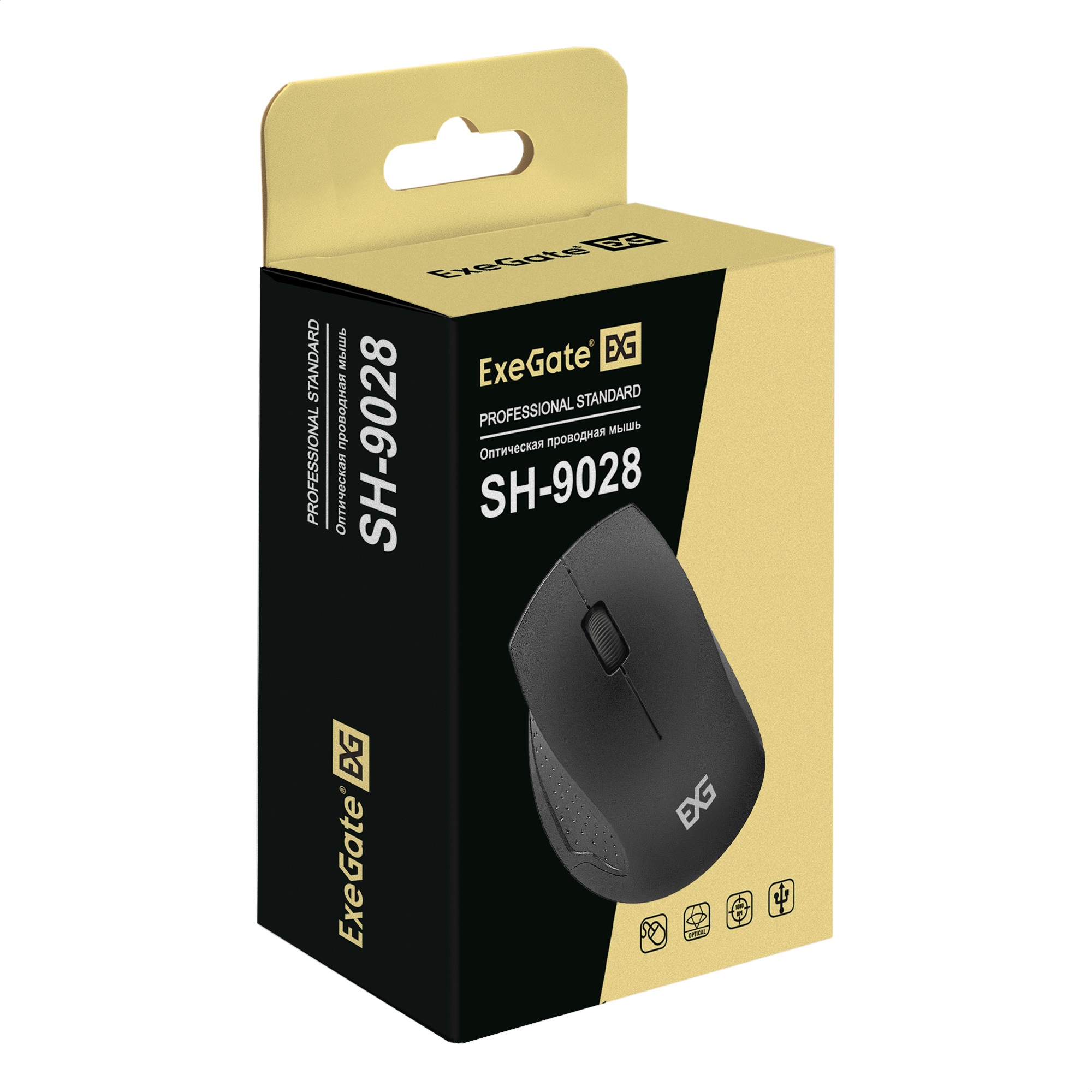 Мышь ExeGate Professional Standard SH-9028 (USB, оптическая, 1000dpi, 3D, 3 кнопки и колесо прокрутки, длина кабеля 1,5м, черная, Color Box)