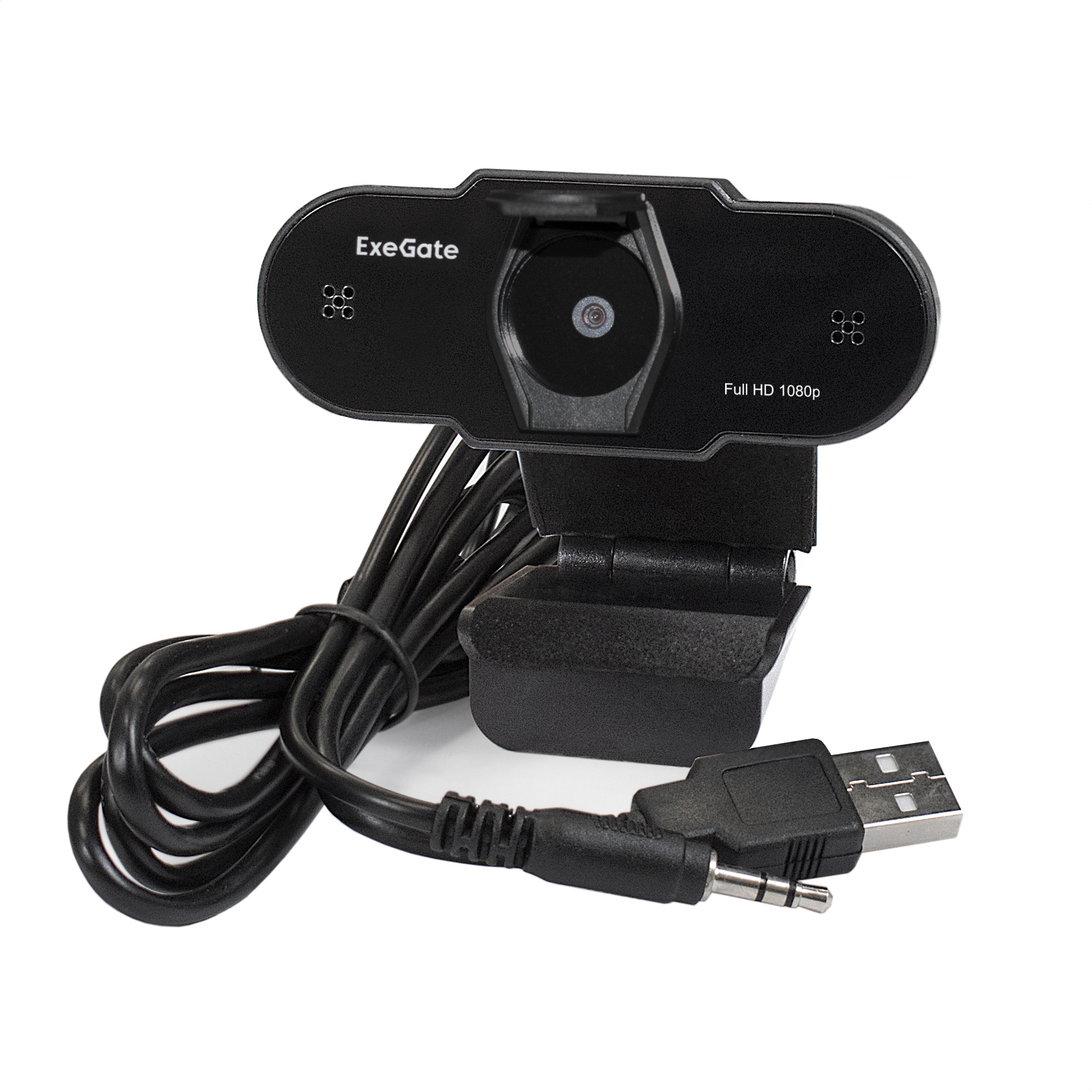 Веб-камера ExeGate BlackView C615 Full HD Tripod (матрица 1/3" 2 Мп, 1920х1080, 1080P, 30fps, 4-линзовый объектив, шторка, USB, фиксированный фокус, микрофон с шумоподавлением, универсальное крепление, штатив Flex в комплекте, кабель 1,5 м, Windows® 7/8/1