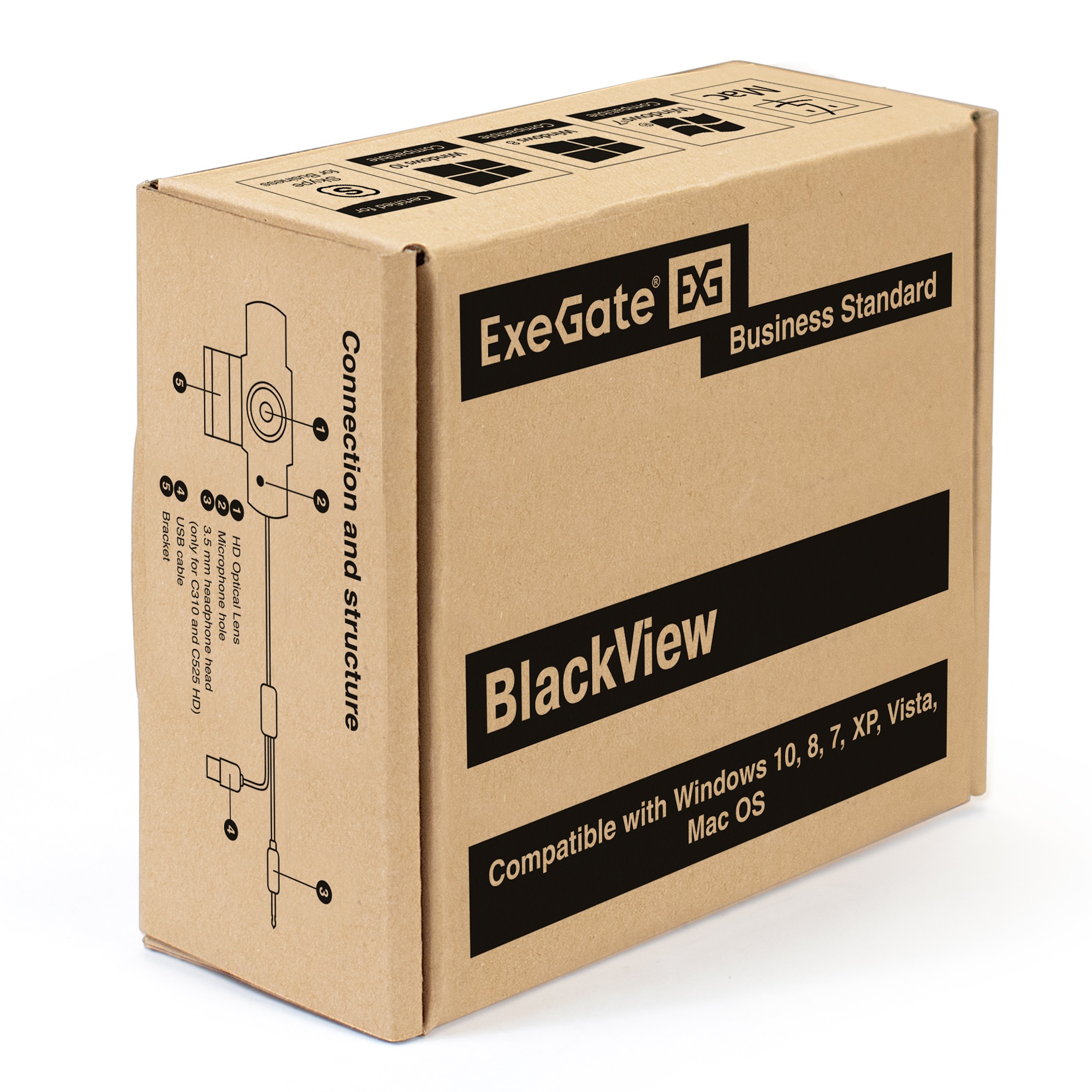 Веб-камера ExeGate BlackView C525 HD Tripod (матрица 1/3" 1,3 Мп, 1280х720, 720P, 30fps, 4-линзовый объектив, шторка, USB, фиксированный фокус, микрофон с шумоподавлением, универсальное крепление, штатив Flex в комплекте, кабель 1,5 м, Windows® 7/8/10/11,