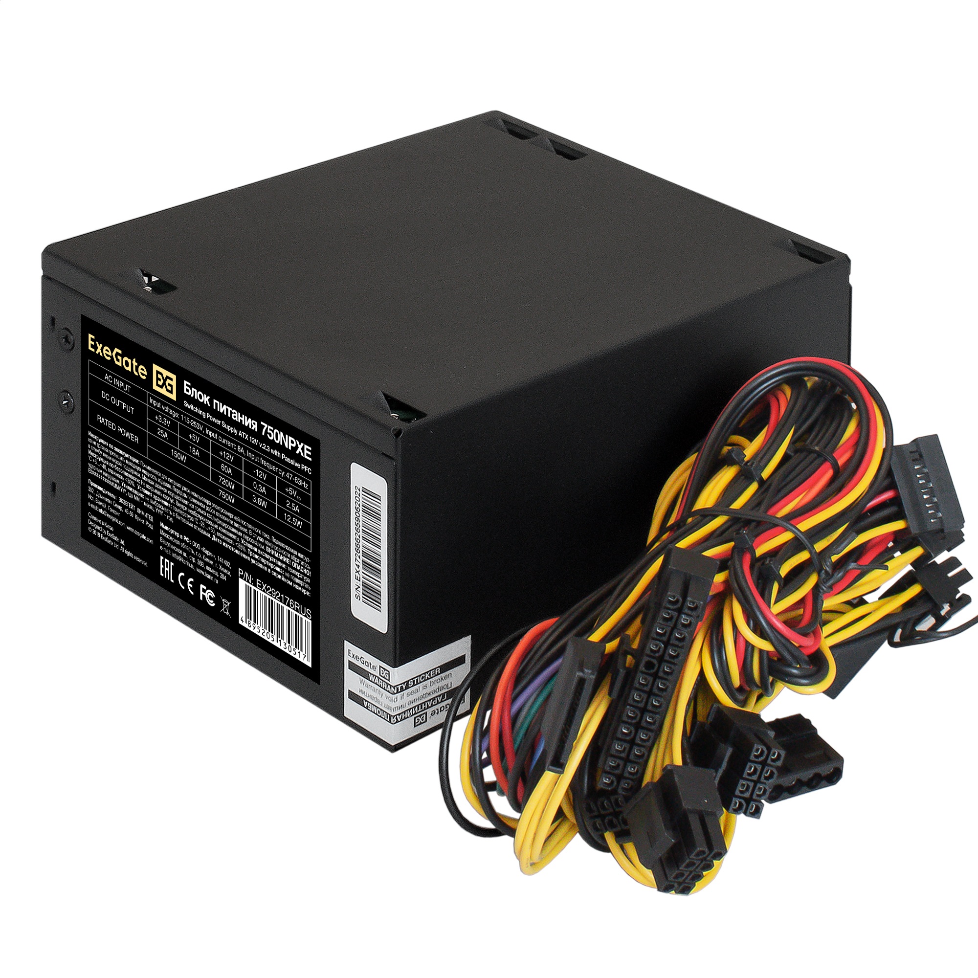 Блок питания 750W ExeGate 750NPXE (ATX, PPFC, 12cm fan, 24pin, 2x(4+4)pin, 2xPCI-E, 5xSATA, 3xIDE, black)