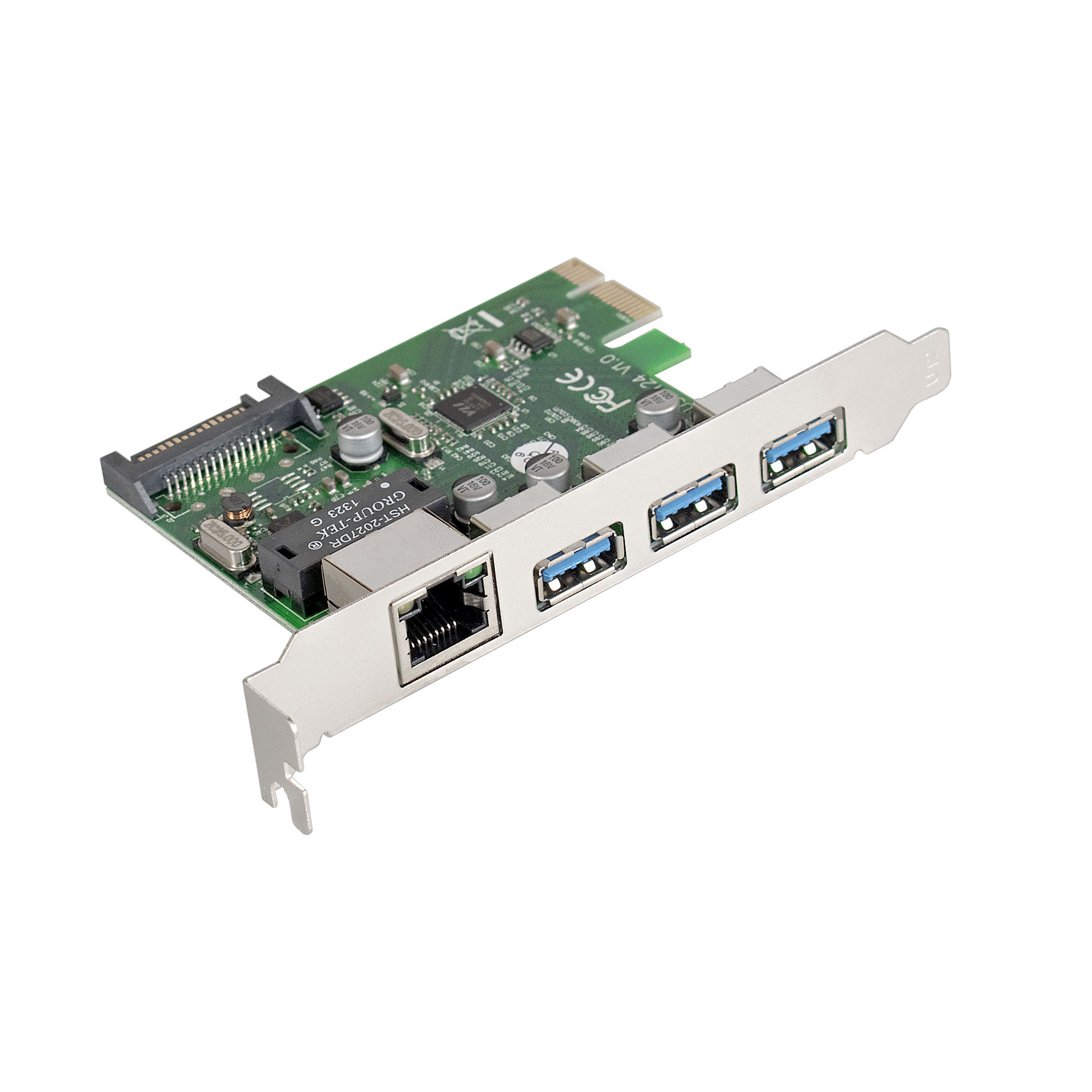 Контроллер сетевой ExeGate EXE-361 (PCI-E x1 v2.0, 3*USB3.0 ext. + LAN UTP 1000Mbps, разъем доп.питания, Chipset VL805 + RTL8153B)