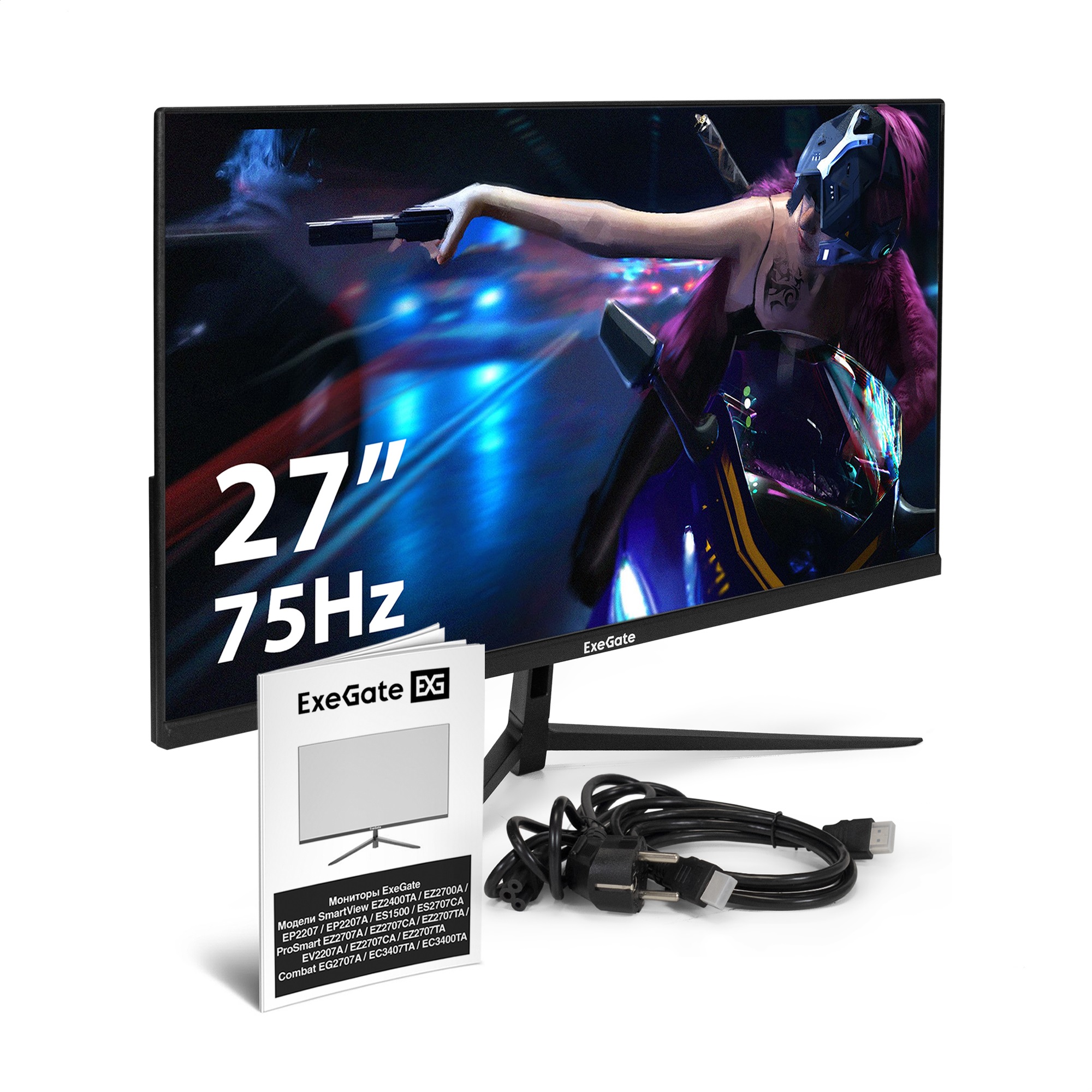 Монитор безрамочный с внутренним БП и аудио выходом 27" ExeGate SmartView EP2707TA (IPS LED Grade A+, FHD, 1920x1080@75Гц, 16:9, 250cd/m2, 1000:1, 178°/178°, 5ms, D-Sub, HDMI, DisplayPort, Audio-out, встроенный БП, FreeSync, Flicker-free, Low Blue Light, 