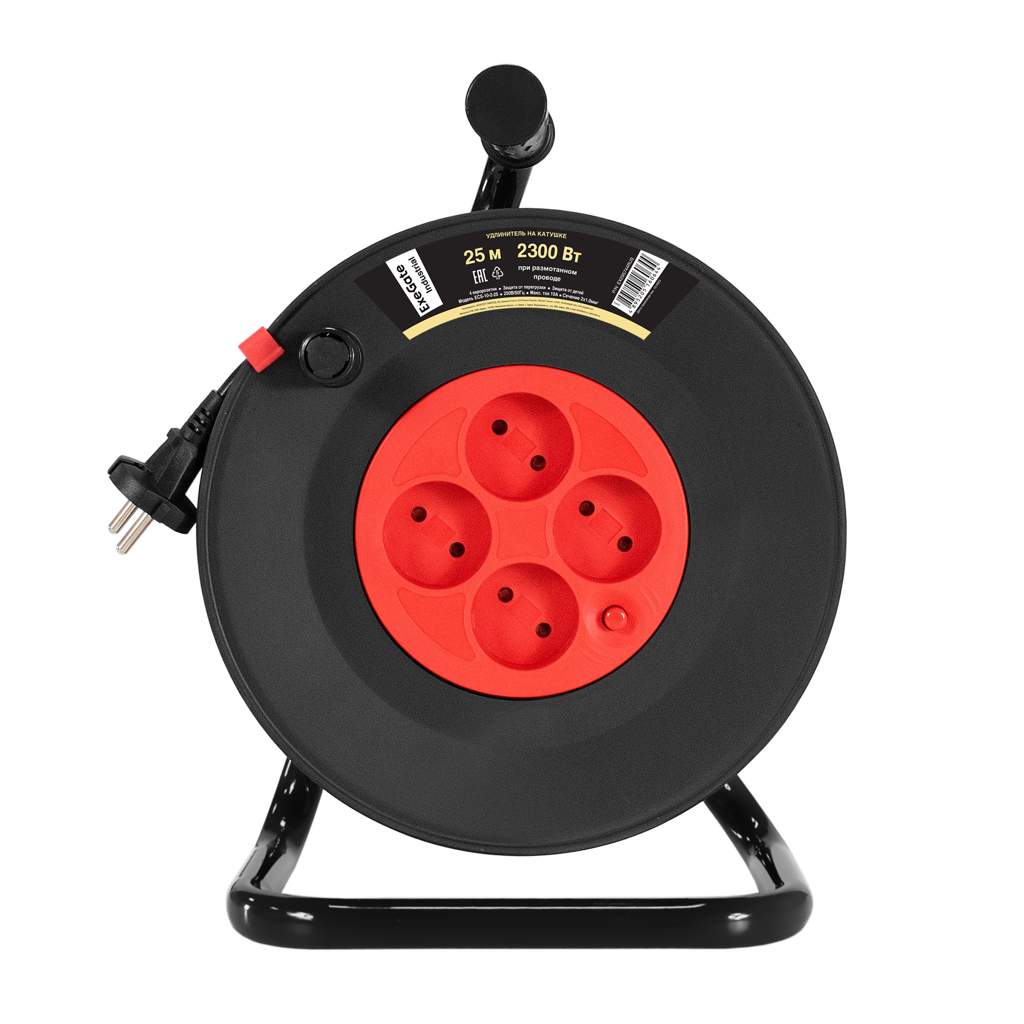 Удлинитель на катушке ExeGate industrial ECS-10-2-25 (4 евророзетки, IP20, 25м, защита от детей, защита от перегрузки, 2х1,0мм2, 10А/2.3кВт)