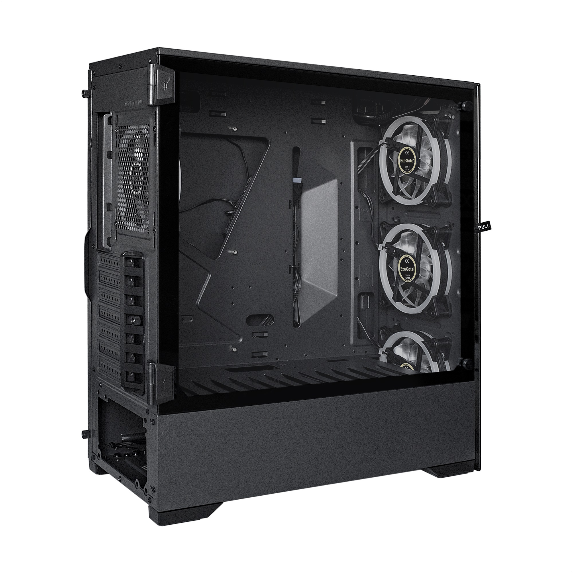 Корпус Miditower ExeGate i3 MAX (eATX, без БП, 2*USB+1*USB3.0, HD аудио, черный, 4 вент. 12см с RGB подсветкой, контроллер + ПДУ, ARGB MB кабель, пылевые фильтры, передняя и боковая панели - закаленное стекло)