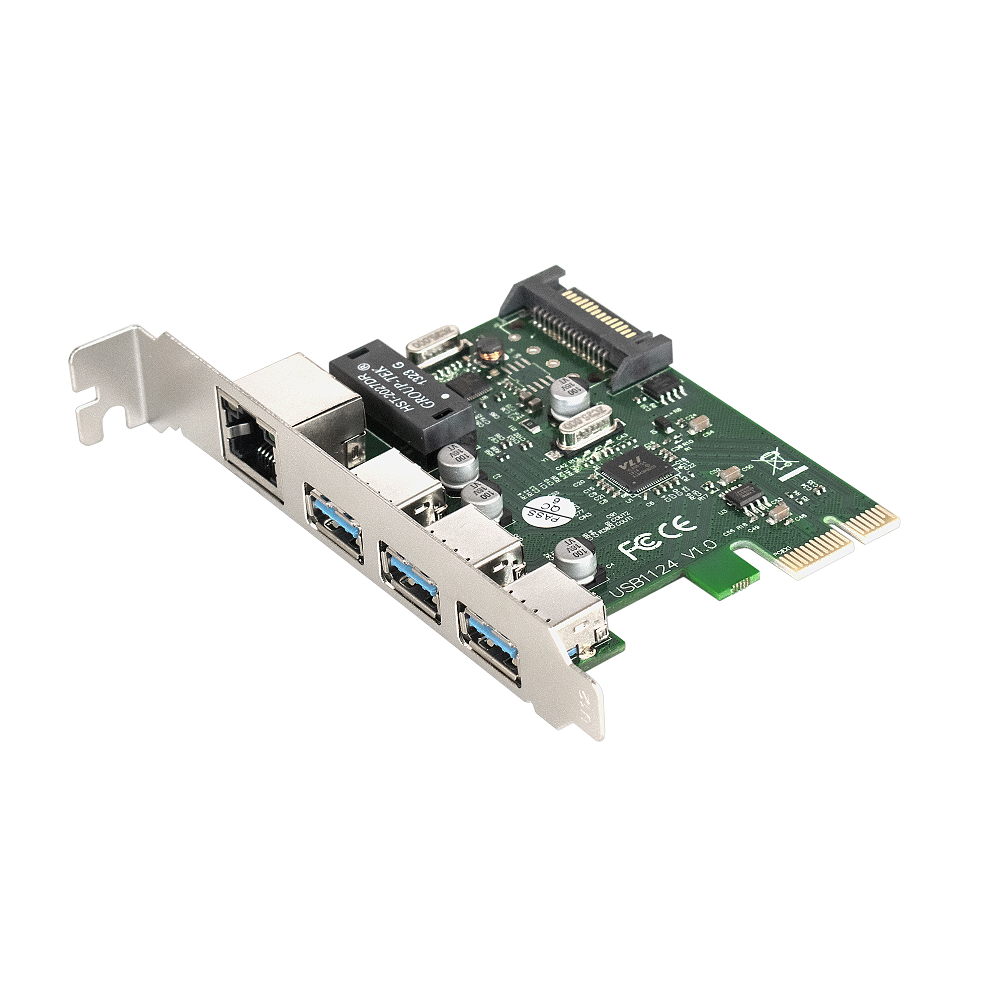 Контроллер сетевой ExeGate EXE-361 (PCI-E x1 v2.0, 3*USB3.0 ext. + LAN UTP 1000Mbps, разъем доп.питания, Chipset VL805 + RTL8153B)