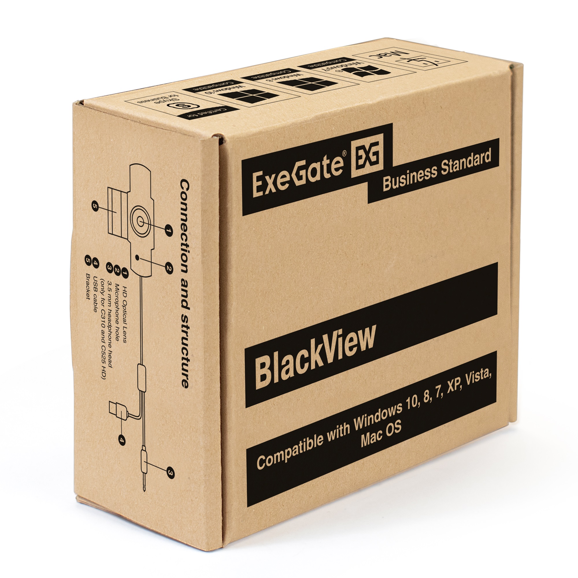 Веб-камера ExeGate BlackView C615 Full HD Tripod (матрица 1/3" 2 Мп, 1920х1080, 1080P, 30fps, 4-линзовый объектив, шторка, USB, фиксированный фокус, микрофон с шумоподавлением, универсальное крепление, штатив Flex в комплекте, кабель 1,5 м, Windows® 7/8/1