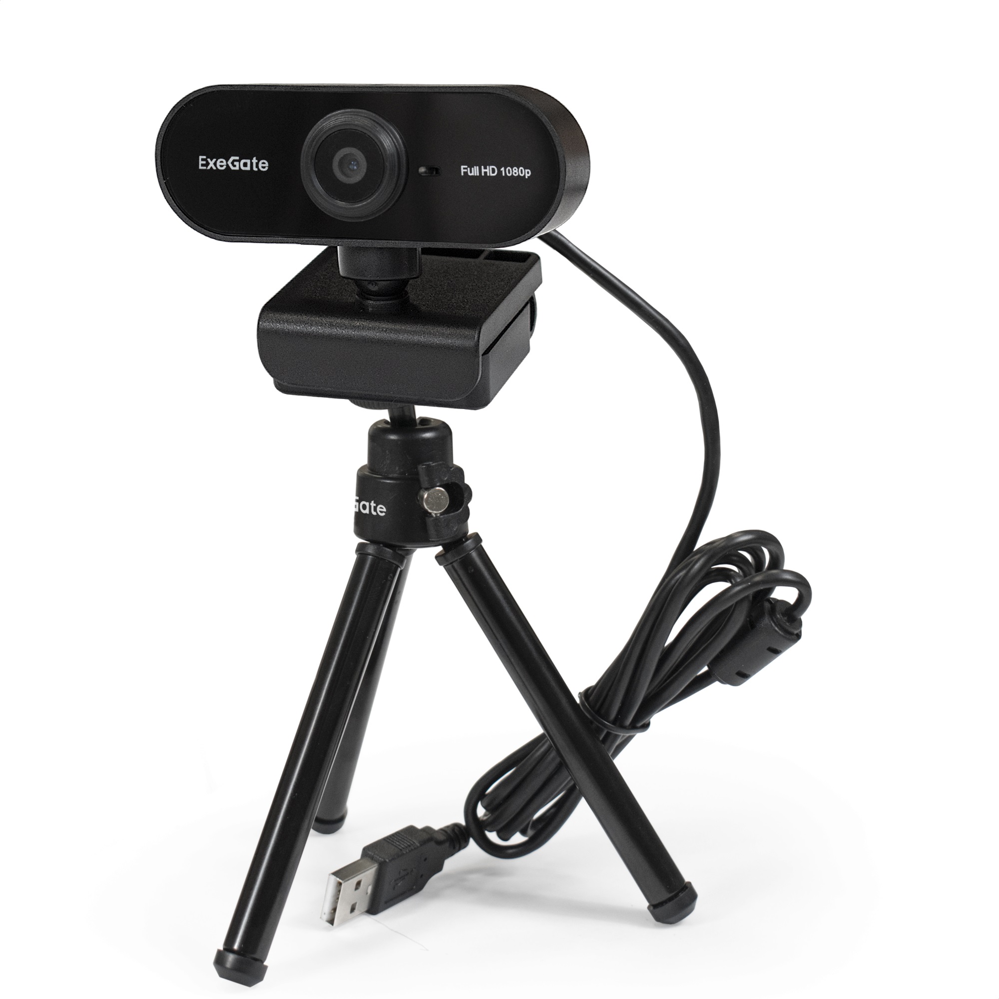 Веб-камера ExeGate Stream C925 Full HD T-Tripod (матрица 1/3" 2 Мп, 1920х1080, 1080P, 30fps, 4-линзовый объектив, фиксированный фокус, USB, микрофон с шумоподавлением, универсальное крепление, телескопический штатив Tripod Tele Ball, кабель 1,5 м, поддерж