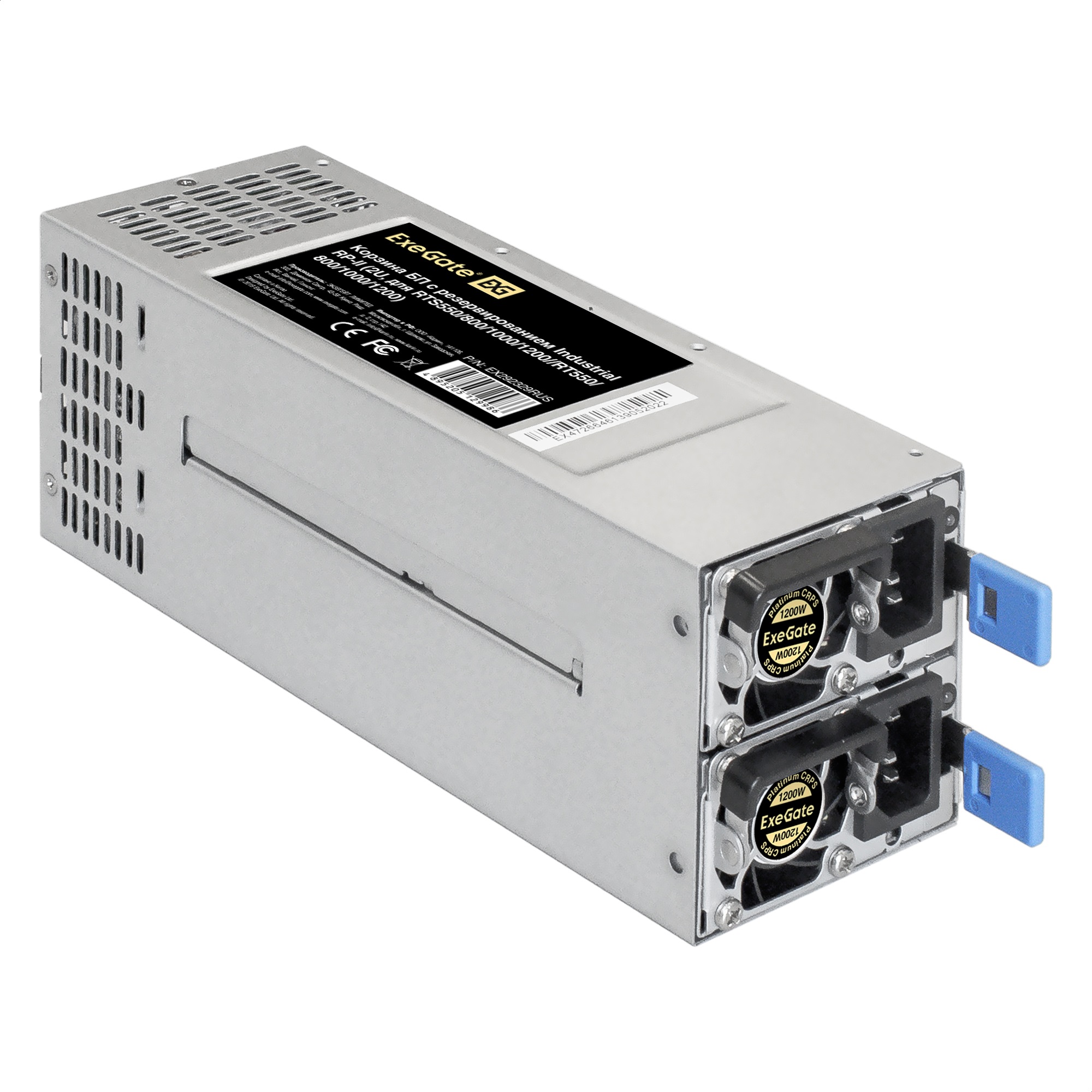 Серверный БП с резервированием 2U Redundant 2x1200W ExeGate Industrial-RTS1200 (APFC, КПД 94% (80 PLUS Platinum), 4 cm fan, 24pin, 2x(4+4)pin, 2PCIe, 2SATA, 6IDE, Cable Management)