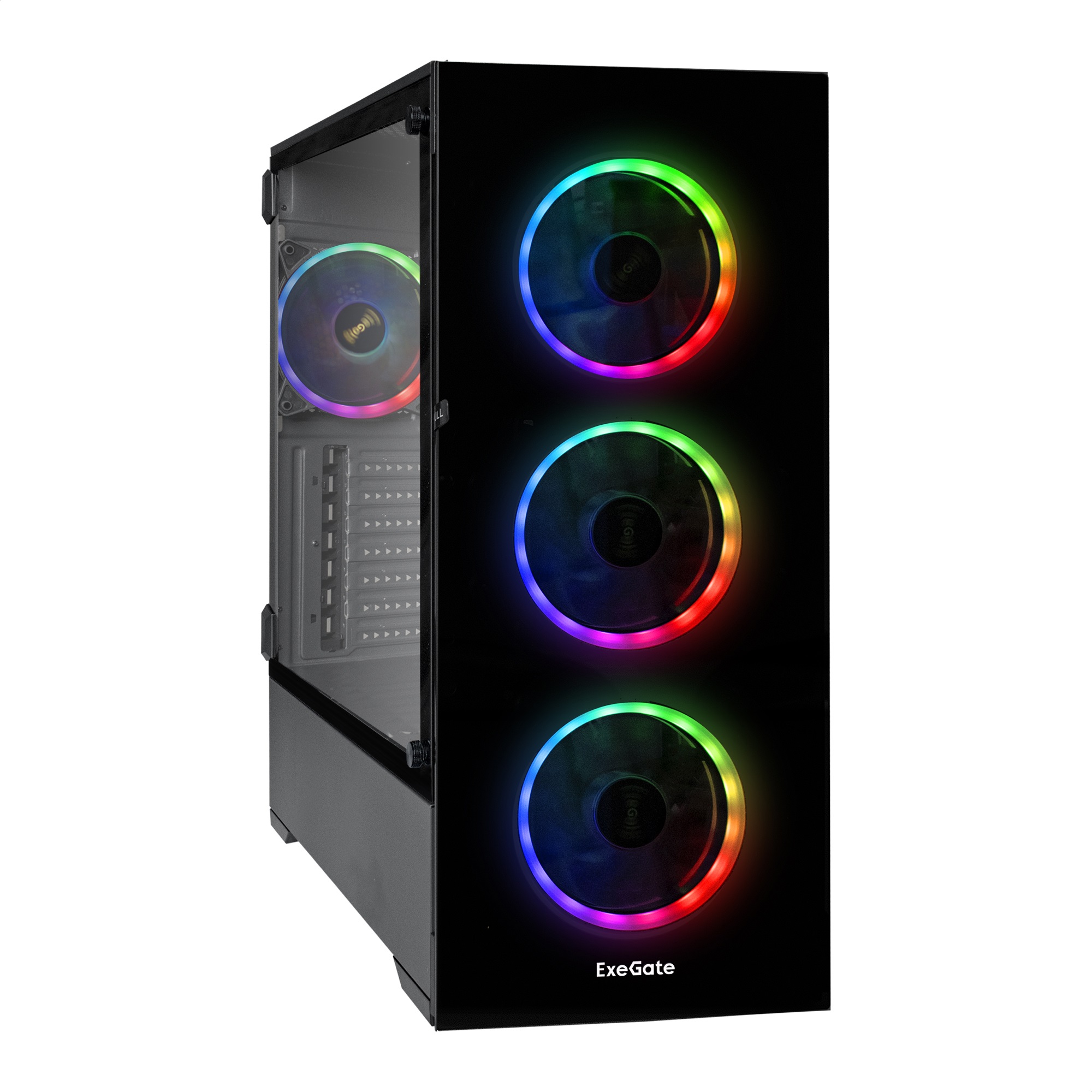Корпус Miditower ExeGate i3 MAX (eATX, без БП, 2*USB+1*USB3.0, HD аудио, черный, 4 вент. 12см с RGB подсветкой, контроллер + ПДУ, ARGB MB кабель, пылевые фильтры, передняя и боковая панели - закаленное стекло)