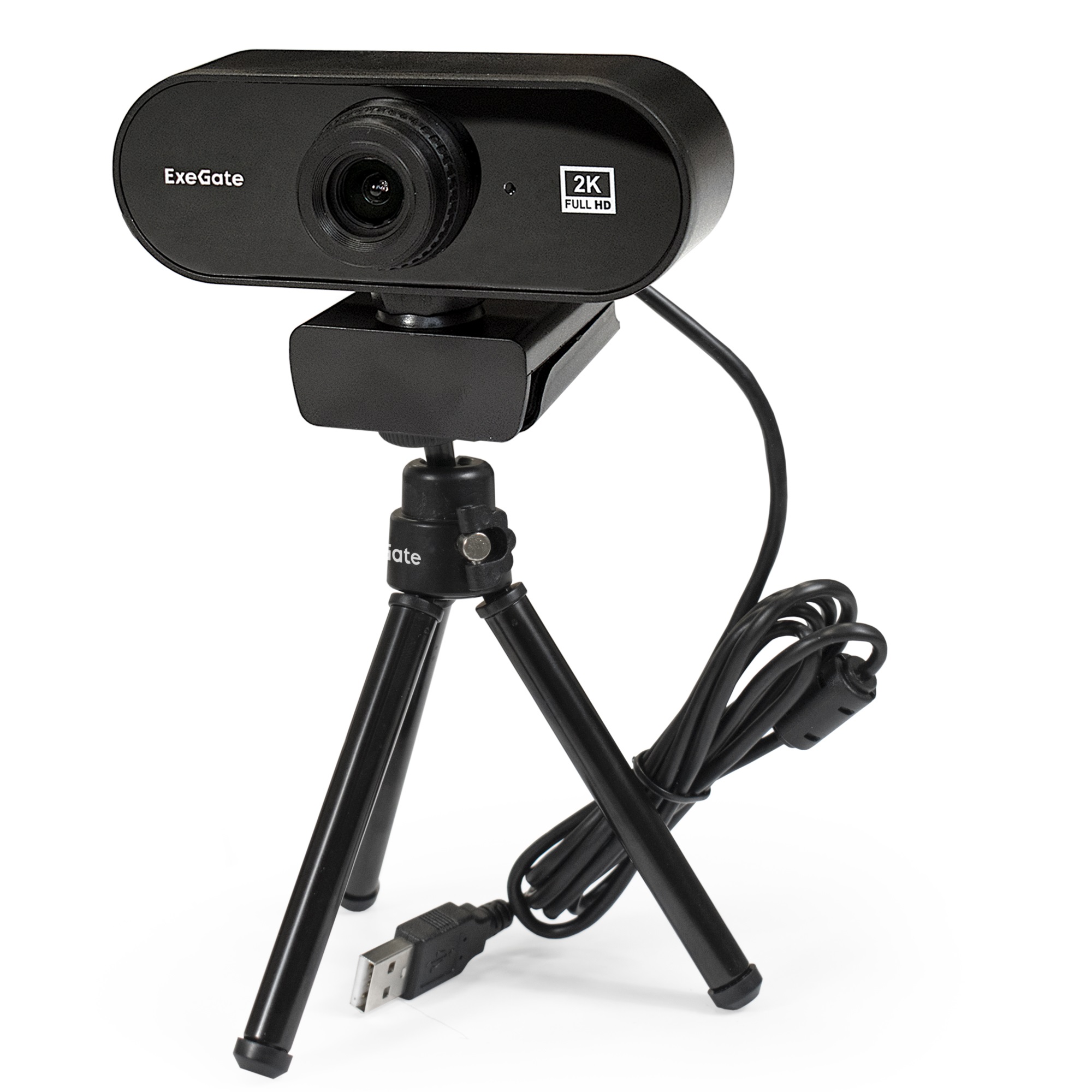 Веб-камера ExeGate Stream C940 2K T-Tripod (матрица 1/2.7" 5Мп, 2560x1440, 30fps, 4-линзовый объектив (стекло), ручной фокус, USB, микрофон с шумоподавлением, универсальное крепление, телескопический штатив Tripod Tele Ball, кабель 1,5 м, поддержка H.264,